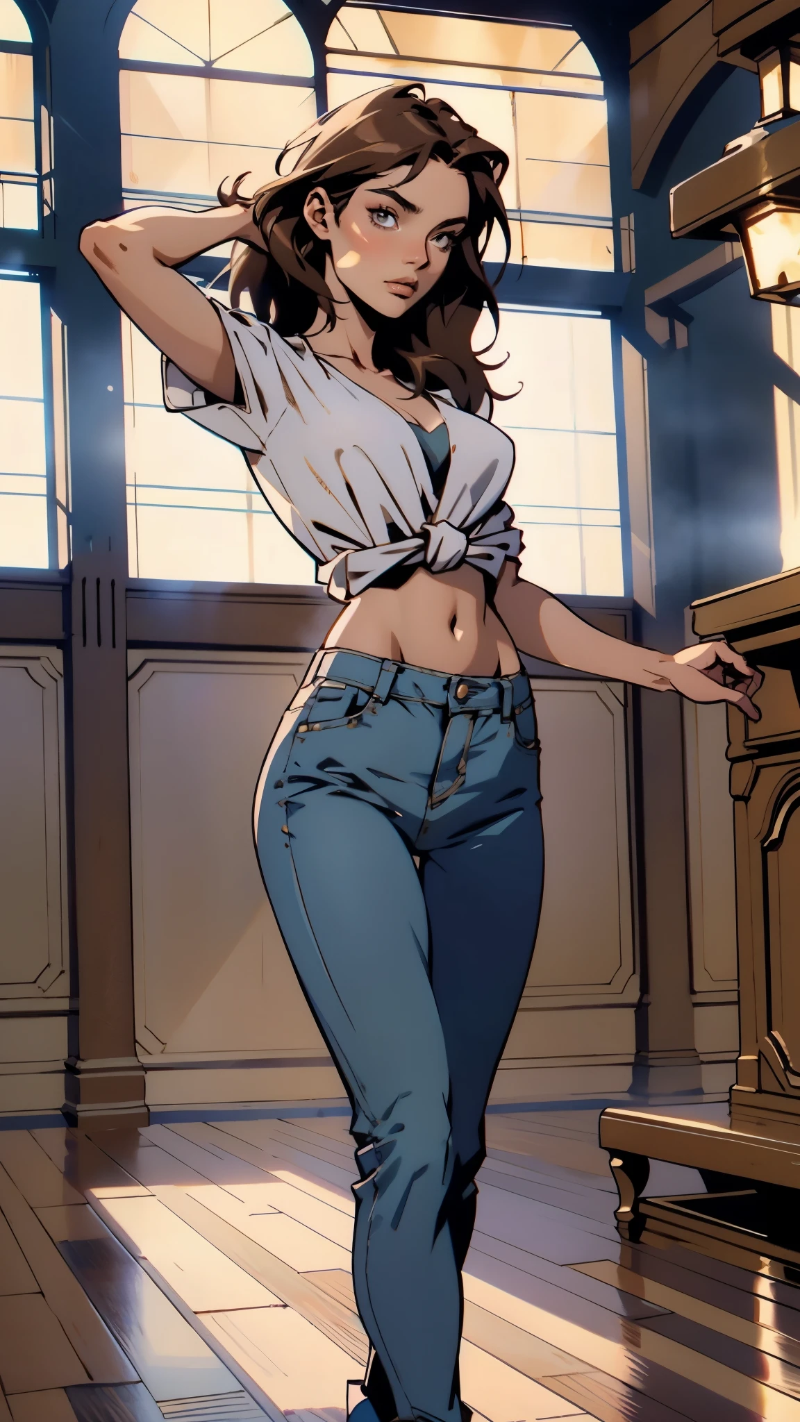 A woman with light brown long hair, a delicate face, a blank look in her eyes, a slender and firm dancer's figure, a fantasy-realistic style outfit, she ties a French shirt at her chest, revealing her graceful waistline, she wears tight jeans on her lower body, a flowing skirt is gracefully tied around her waist, she walks leisurely in a fantasy-style town, this character embodies a finely crafted fantasy-realistic style female dancer in anime style, exquisite and mature manga art style, beautiful woman, high definition, best quality, highres, ultra-detailed, ultra-fine painting, extremely delicate, professional, anatomically correct, symmetrical face, extremely detailed eyes and face, high quality eyes, creativity, RAW photo, UHD, 8k, Natural light, cinematic lighting, masterpiece-anatomy-perfect, masterpiece:1.5