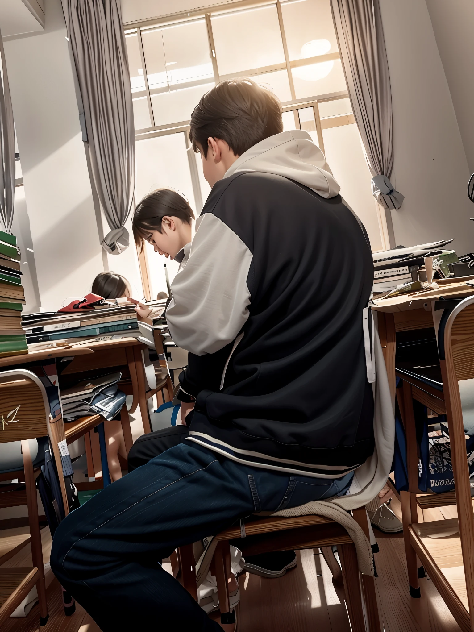 There were two men sitting at a table,There were books on the table, 坐in the classroom, 尝试study, student, in a Classe escolarroom, standing in class, in the classroom, Classe escolar, sitting at desk, sit on the chair, study, sitting at his desk, sit on the table, sitting at desk, Japanese high school, sitting at desk