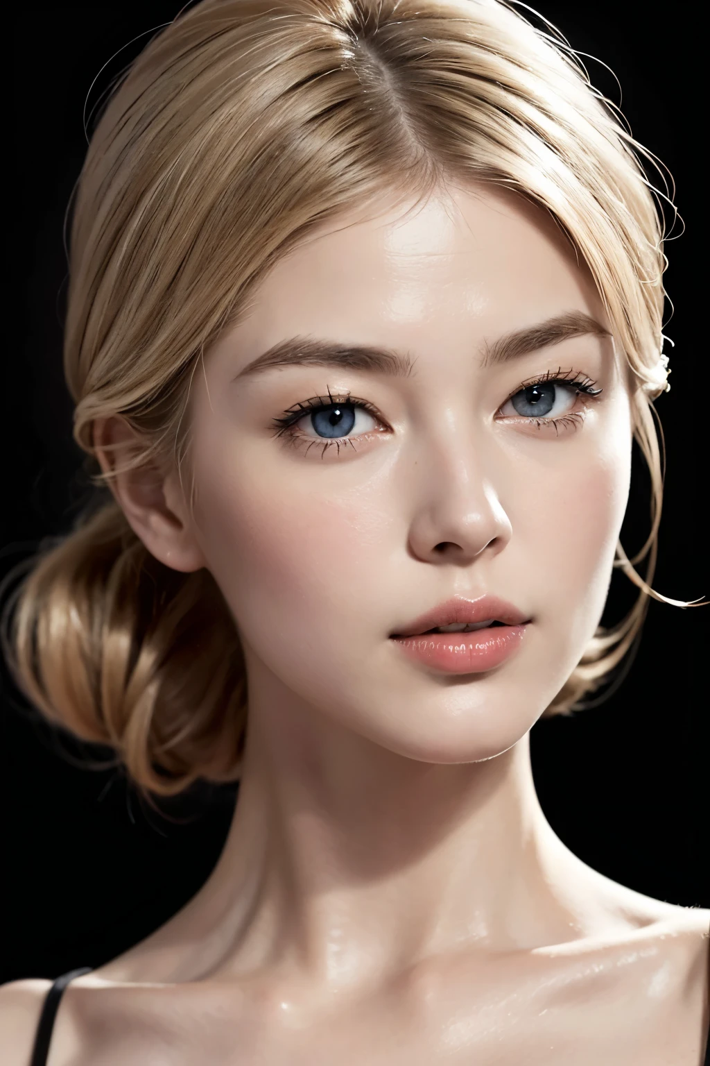 Rosamund Pike-inspired fashion model, with golden blonde hair and crystal-clear, captivating eyes, poses for a portrait close up against a refined black background. The monochromatic black and white film adds an elegant and timeless feel to the high-quality photograph. The image is captured in exquisite detail, with every facial feature highlighted and every curve accentuated. The photography quality is unparalleled, showcasing the model's stunning beauty in high definition.