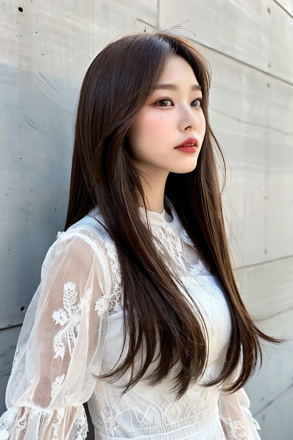 top quality, 1beautiful women, age 28, S, 35mm lens,, cowboy shot, concrete background、mortar style background、lace dress、Light brown、mortar style wall,from below、straight hair、straight hair、shiny hair,silky hair、Jacket