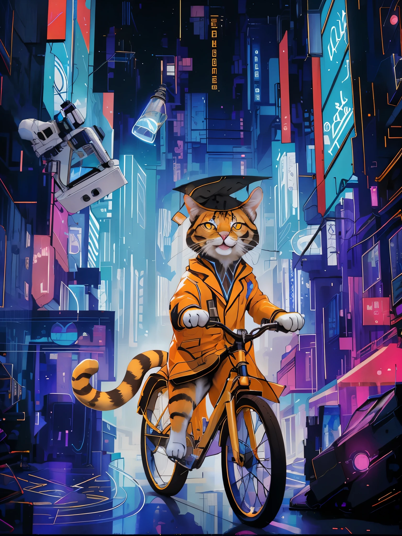 Masterpiece,exquisite,8k,1 cat,cute, dr cat, happy, eyes looking ahead, doctor in white coat, science, pretty | black | blue hair,exquisite makeup,slogan,eye shadow,eyeliner,laser top,laser skirt,Cyberpunk,neon light blue shining, technology street, opmies microscope with a doctor, streets, open your mouth and laugh, white clothes