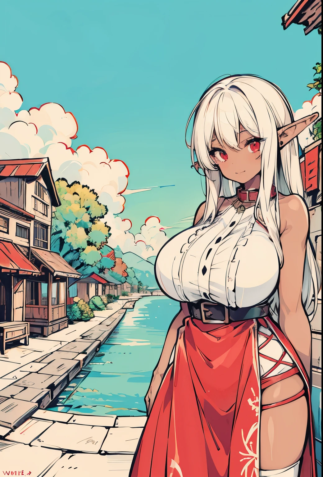 (tanned elf girl:1.2), (white_hair red_eyes) (open dress), (collar) (belts), (huge tits)