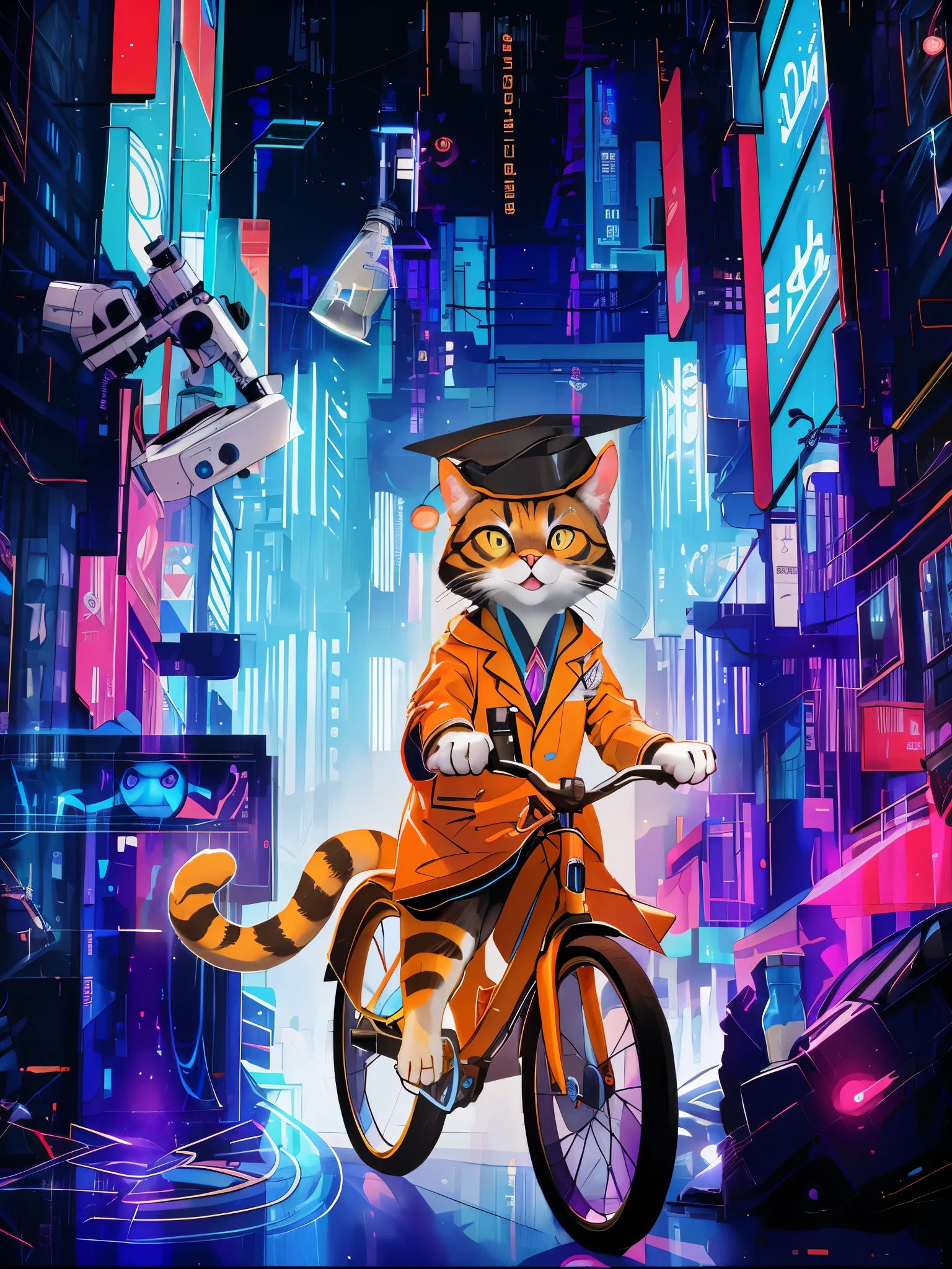 Masterpiece,exquisite,8k,1 cat,cute, dr cat, happy, eyes looking ahead, doctor in white coat, science, pretty | black | blue hair,exquisite makeup,slogan,eye shadow,eyeliner,laser top,laser skirt,Cyberpunk,neon light blue shining, technology street, opmies microscope with a doctor, streets, open your mouth and laugh, white clothes
