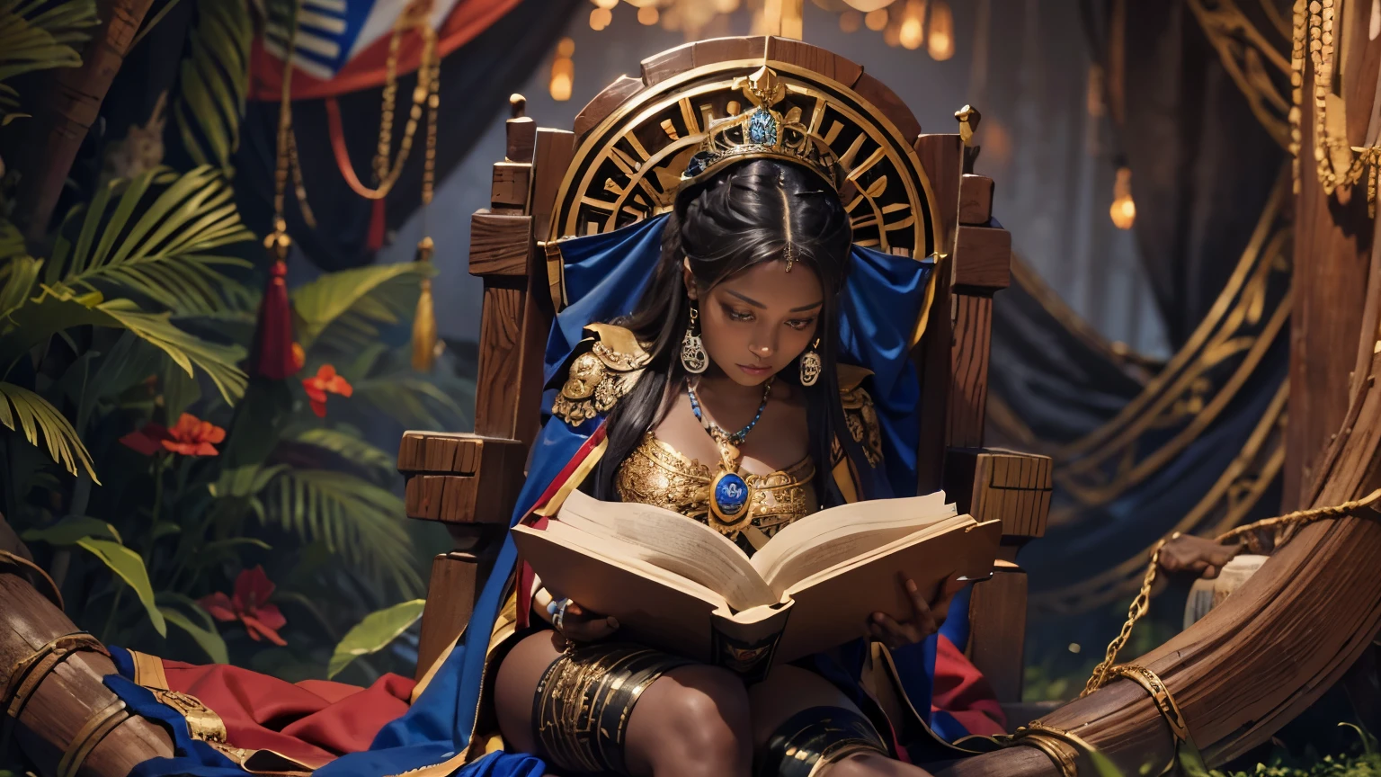 ((Benevolent ((dark-skinned Haitian)) MILF goddess)) sitting in an ((ornate skull-themed wooden throne)) with her (wearing cashmere stockings) while (reading a large ancient tome), ((hair tied up with Haitian flag)), mystic tattoos on arms and legs, (wearing golden bracelets and anklets), plump thighs, high quality photo, sitting in the middle of the (dense ripe mango tree forest) during golden hour, (Haitian flag draped over throne) 