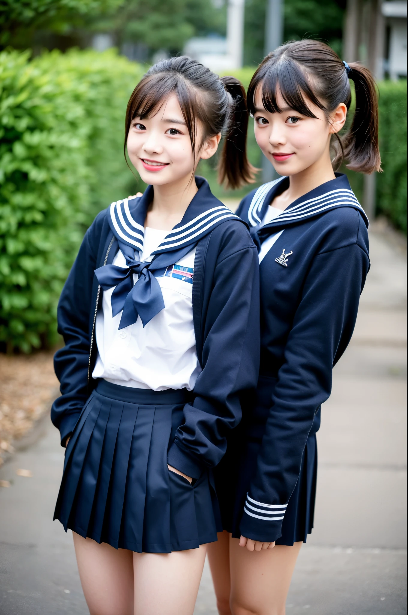 girls standing in school yard,navy blue long-sleeved shirt with sailor collar,navy blue pleated skirt,red bow tie,school bag,18-year-old,bangs,a little smile,thighs,knees,short cut hair,low ponytail,from below,front-lighting