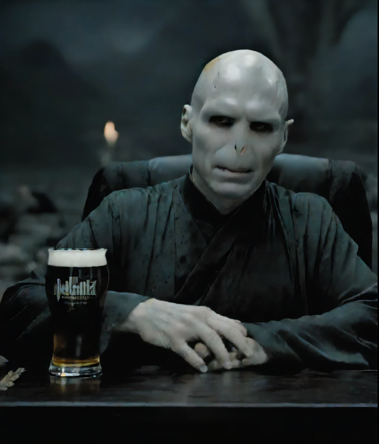 PORTRAIT OF LORDVOLDEMORT, sitting in a table holding a beer with a black slime, cinematic film still a photo of is drinking beer ‚8k,[best quality], masterpiece, ultra-fine