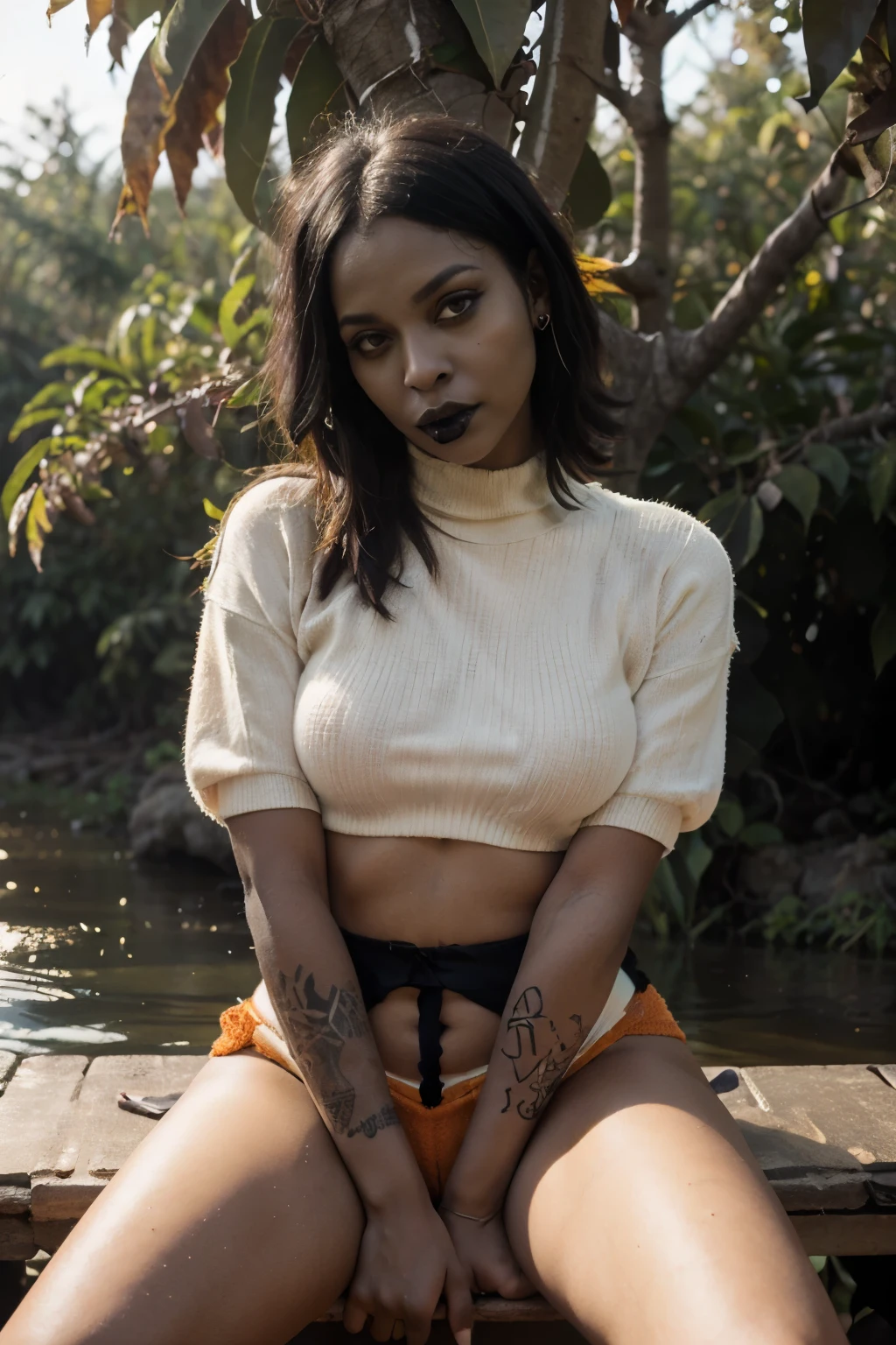((Benevolent aroused ((dark-skinned Jamaican)) (pastel goth) girl)) with (short hair) sitting at desk while pleasuring fingering herself, panting facial expression, wearing a (tight sweater), traditional flash tattoos on arms and legs, plump thighs, high quality photo, sitting in the middle of (dense orange grove) next to flowing river during golden hour, visible stretch marks