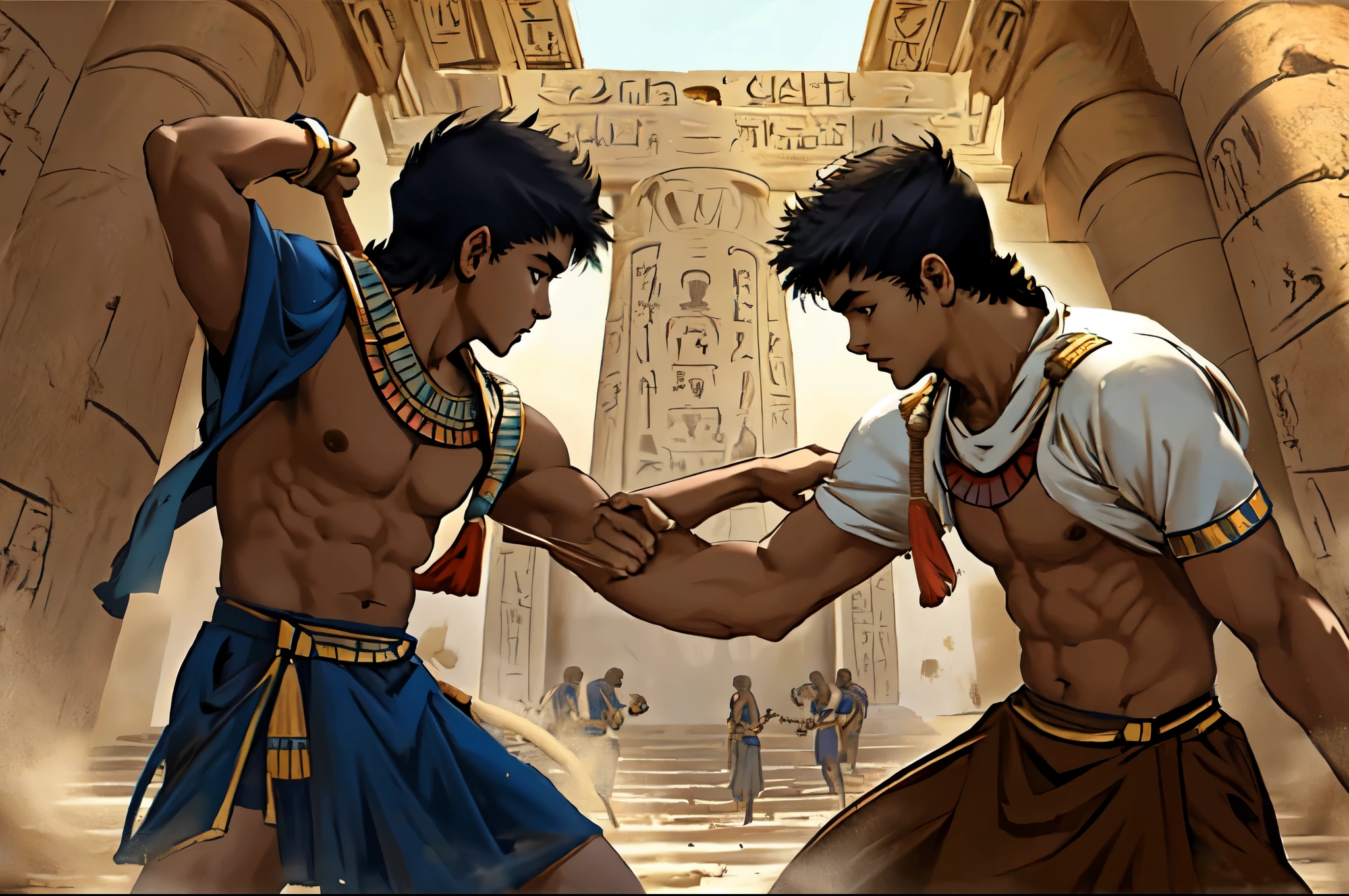 There are two cute boys fighting in a school in ancient Egypt. They are . They are hitting each other. They are in ancient Egypt.