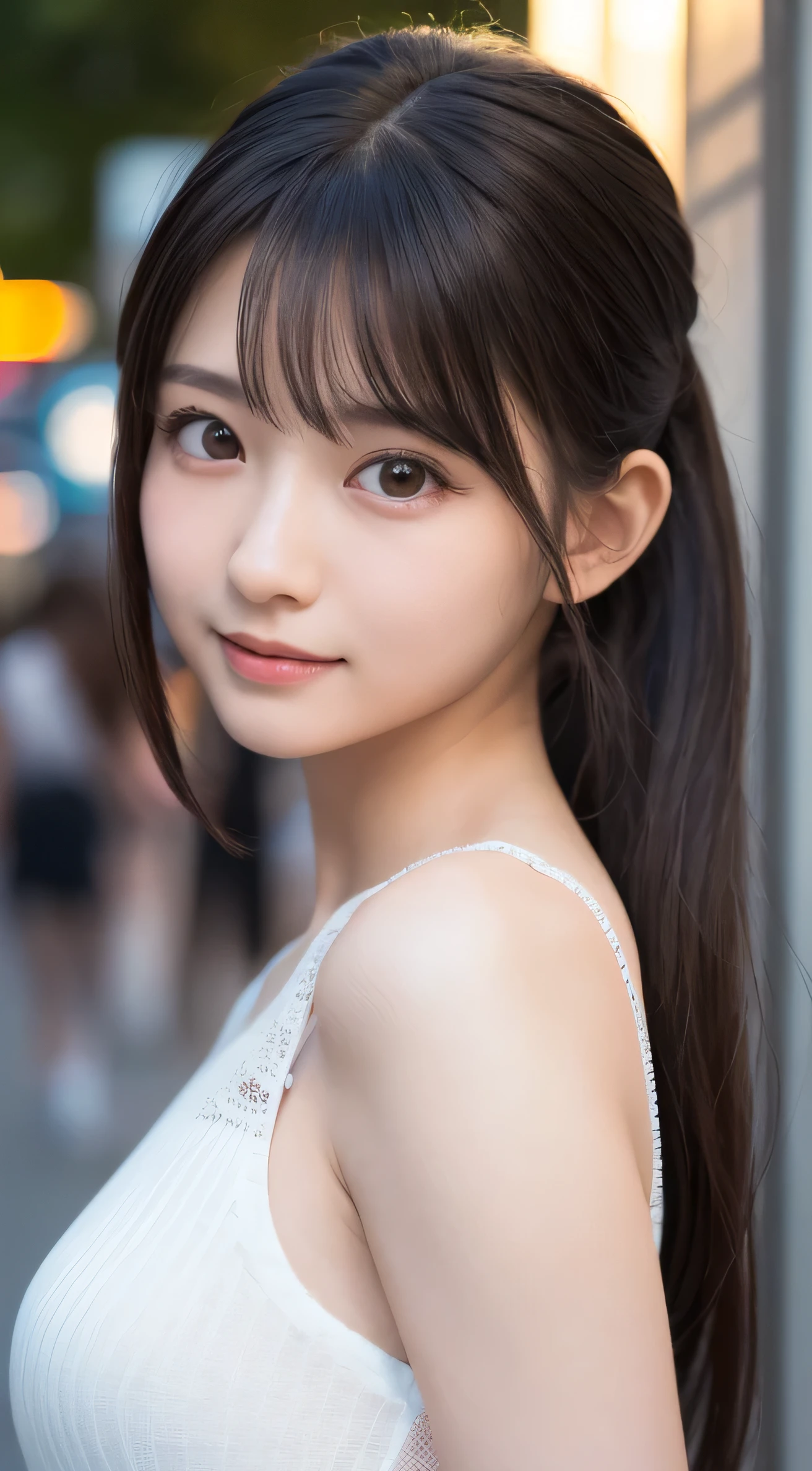 smile、night、RAW photo、(((ultimate beauty portrait)))、((glowing skin))、1 girl、((Big eyes that shine like jewels))、open your clothes、Glossy, glowing skin、(medium hair)、(silky ponytail hair)、(from below)、eyeliner、beautiful bangs、((masterpiece、最high quality、Super detailed、film light、intricate details、High resolution、very detailed))、detailed background、8KUHD、high quality、shallow depth of field、natural soft light、Kamimei、rich bust、nightの渋谷の路上に立つ、Scramble crossing、