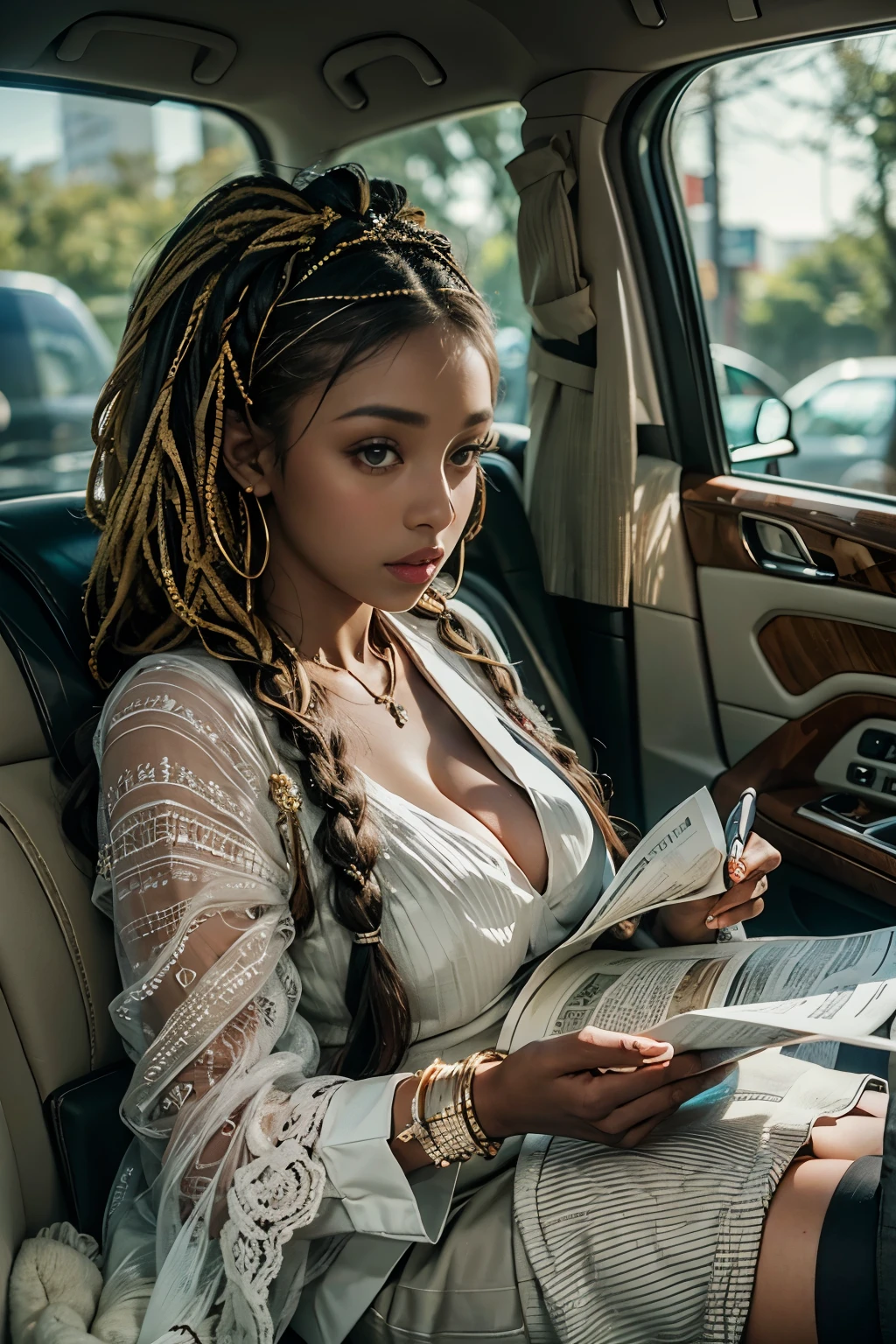 Aroused ((plump ((dark-skinned Dominican)) female high-end lawyer)) with ((long boxbraids hairstyle)) sitting in the backseat of a luxury Rolls Royce limousine with her pretty perfect manicured feet up while reading newspaper, wearing multiple platinum bracelets and diamond encrusted anklets, wearing expensive cashmere pencil skirt, plump thighs, high quality photo, in the middle of the Tokyo cannabis indica forest behind her