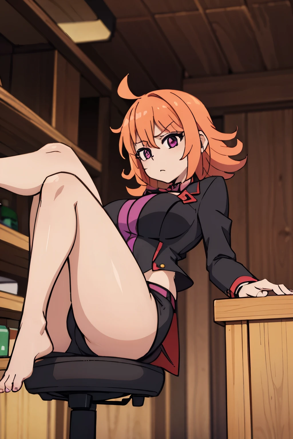 (Best shadow:1.1), Large breasts, Beautiful concept illustration, (Extremely fine and beautiful:1.1), (Perfect details:1.1), Masterpiece, Best quality, (Extremely detailed Cg Unity 8K wallpaper), attractive legs, barefoot, happy, (busty), (perky) (large ass) (bubble butt), AGGA_ST003, human_feet, (purple eyes:1.5, pink poison, messy hair, orange/pink hair, low cut butten up shirt, (suit), tight shorts that show off ass, in one piece, pyradef, feet, toes, full body, sexy legs, large thighs, juicy thighs, hair between eyes, on a pirate ship, (fuuko) jacket, open jacket, facing forward