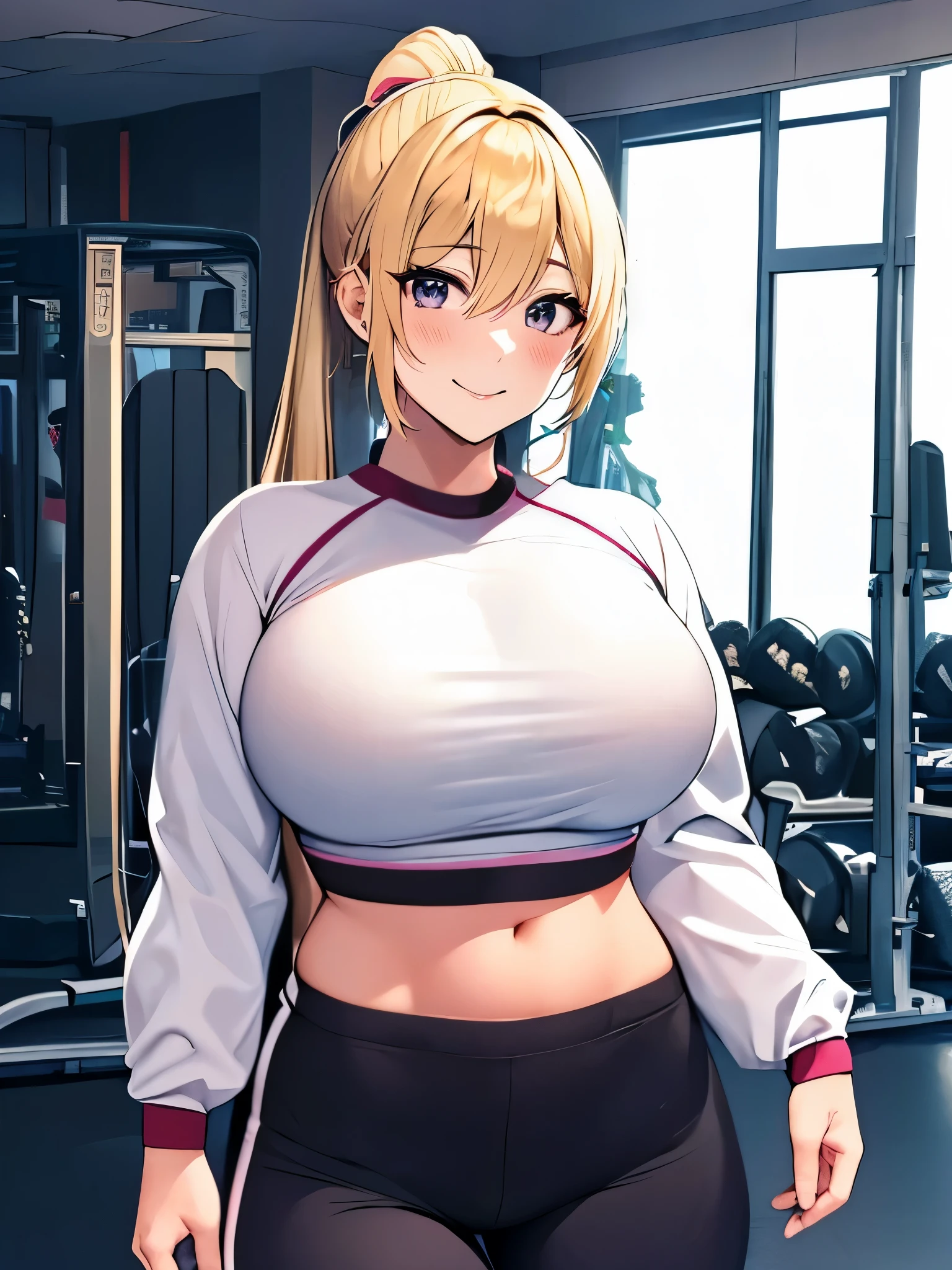 masterpiece, anime, best quality,((look at the viewer)), smile, cute face, 1 woman, half Japanese, half American, blonde, ponytail, housewife,