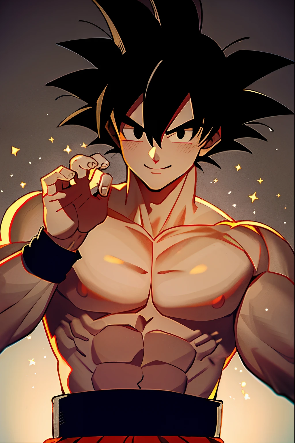 son goku, 1boy, backlighting, black eyes, black hair, blue wristband, closed mouth, dougi, hair strand, hands up, light particles, looking at viewer, male focus, muscular, muscular male, pectorals, smile, solo, spiked hair, upper body, wristband, big cock, masturbation, , jerking off, ((nsfw)), ((masterpiece))