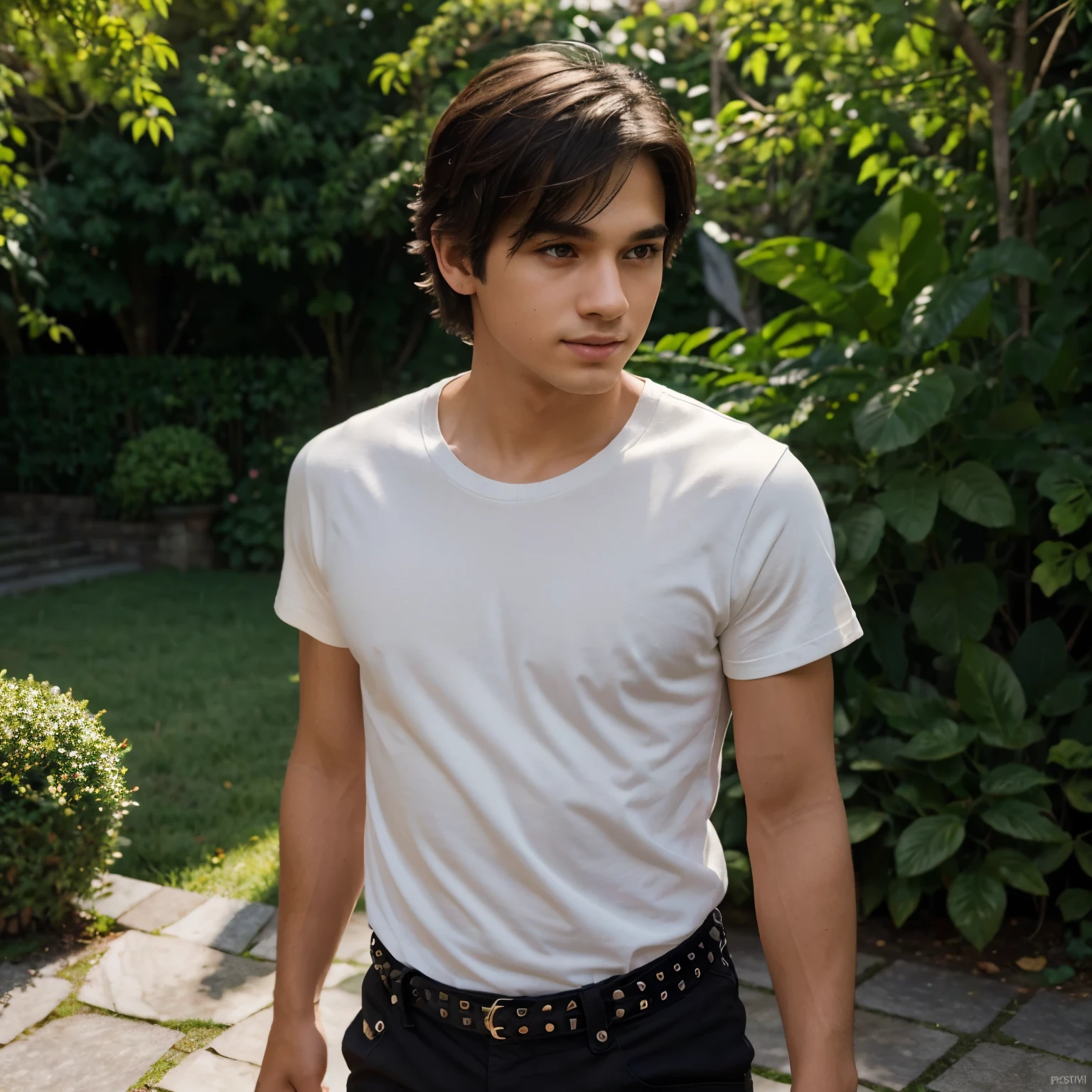 best quality,high resolution,hdr,ultra-detailed,realistic,portrait,detail description,professional lighting,fine art,boy in black t-shirt,black pants,white converse shoes,studded black earrings,round cheeks,medium-length hair,intense eyes,narrow nose,full lips,light shadow on face,leisurely standing in a garden with vibrant flowers and lush greenery,dappled sunlight streaming through the leaves,peaceful atmosphere,subtle color palette with warm tones,soft shadows accentuating facial features,dynamic pose that captures the boy's confident and relaxed demeanor,sharp focus on the boy's face to showcase his expressive eyes and charming smile,artistic brushstrokes adding texture and depth to the illustration nama andy