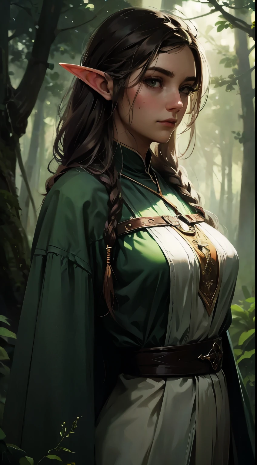 Female elf, long black hair, braided hair, brunette, round face, green and white clothes, in a forest, fantasy character