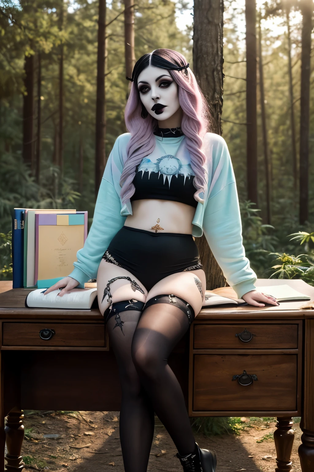 ((Benevolent nerdy ((American)) (pastel goth) goddess)) with (long curly hair) sitting in an opulent throne while writing in journal, wearing a tattered cropped hoodie revealing dainty navel piercing, mystic rune tattoos on arms and legs, wearing golden bracelets and tight thigh high stockings, plump thighs, high quality photo, sitting in the middle of (dense cannabis sativa forest) during golden hour, visible stretch marks and cellulite
