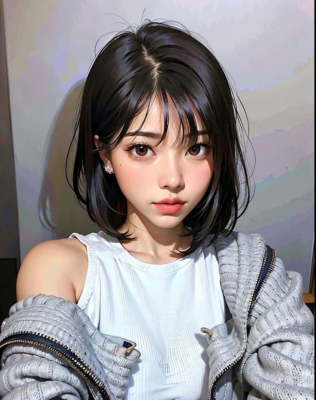 masterpiece, best quality, (dark photo:1.3), photorealistic, 1girl, flat bangs, stunning innocent symmetry face, shirt, emotional, ulzzang, (PureErosFace_V1:0.7)