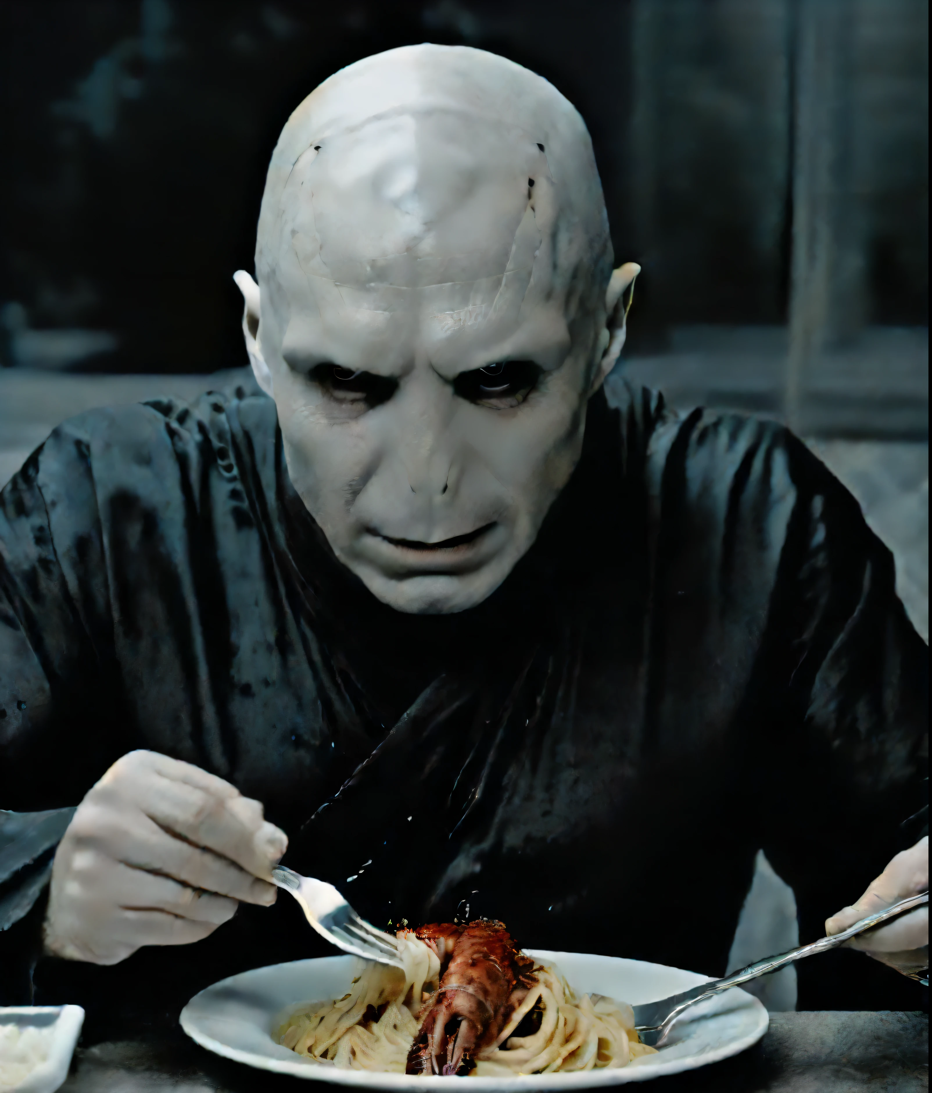 PORTRAIT OF LORDVOLDEMORT, sitting in a table eating pasta and lobster with a black slime, cinematic film still a photo of is eating pasta ‚8k,[best quality], masterpiece, ultra-fine