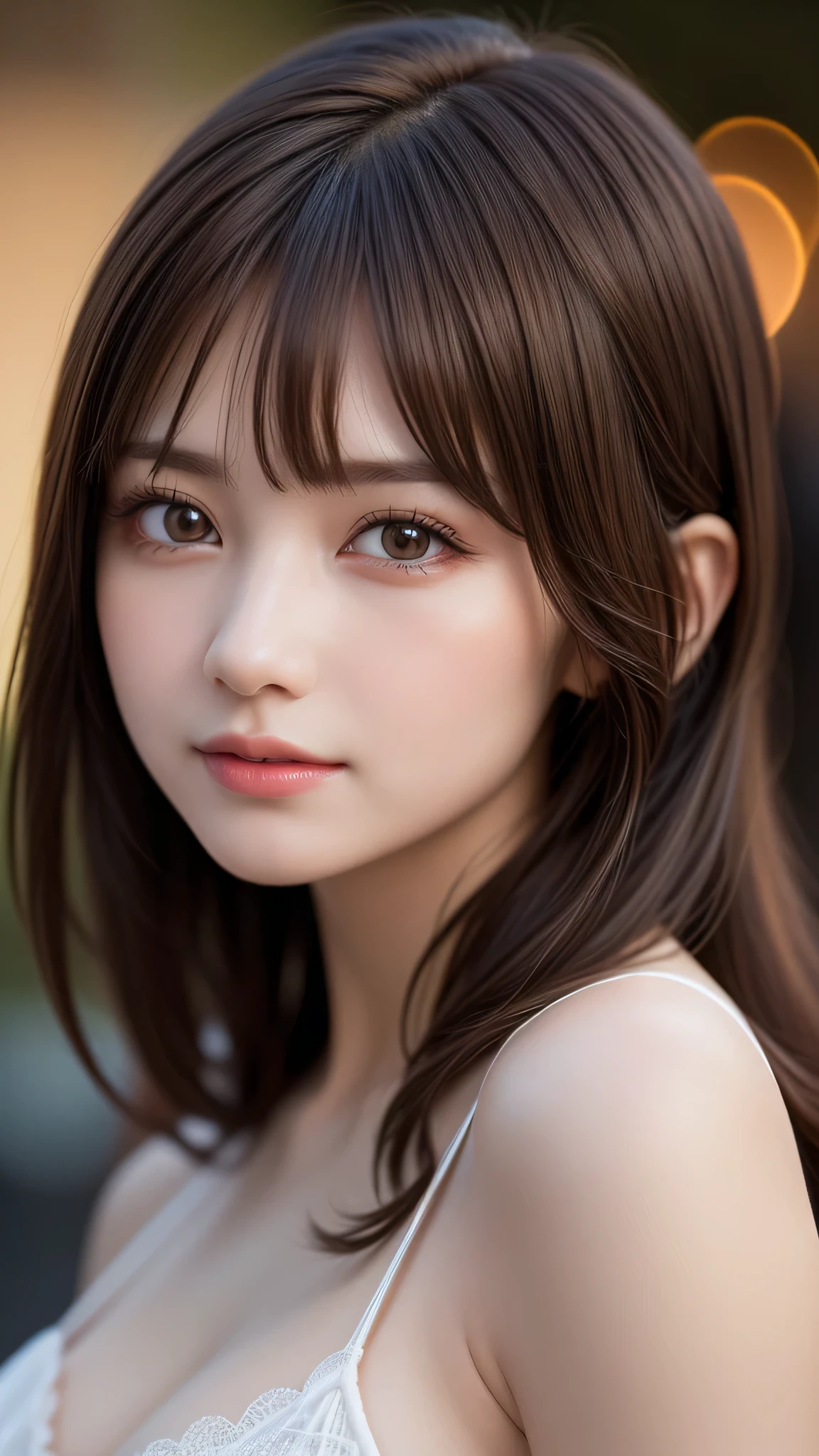 1 girl, (highest quality:1.4), (super detailed), (detailed light), (Highly detailed beautiful face), wonderful face and eyes, brown hair, brown eyes, Beautiful sheer lace details, beautiful breasts, Highly detailed CG integrated 8k wallpaper, High resolution raw color photos, professional photos, dynamic lighting, (((Bokeh))), Depth of bounds written,