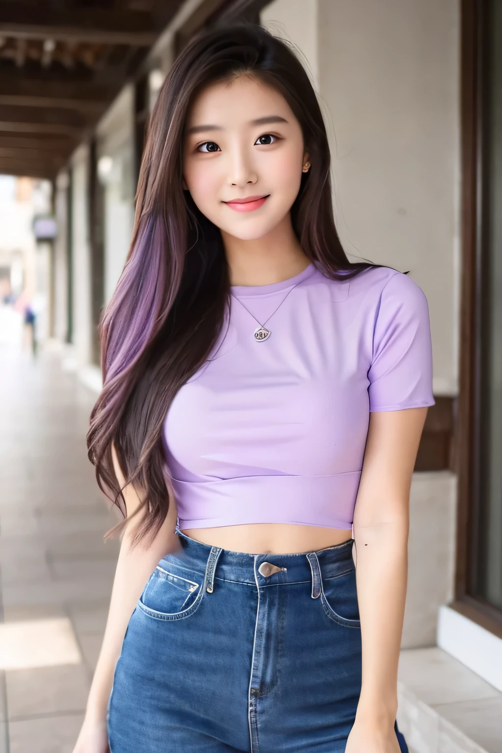 20-year-old girl with long hair, adorable, light purple top.