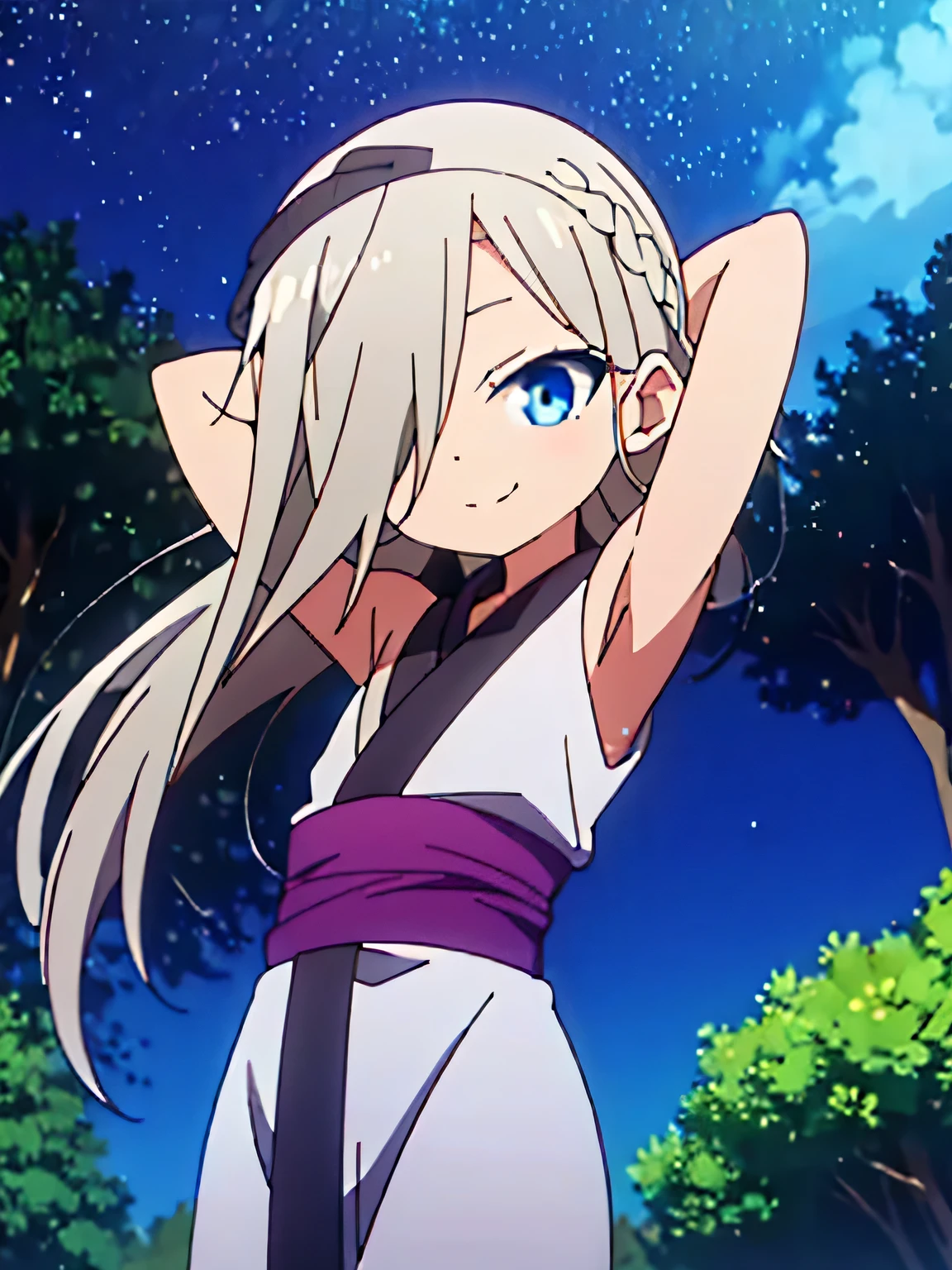 kunoichi_hototogisu, blue eyes, gray hair, long hair, hair over one eye, anime, closed mouth, solo, cowboy shot, night sky, forest, {arms behind head}, contrapposto, shy smile, spread armpits, shy smile,