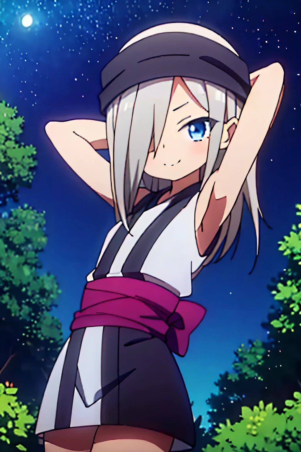 kunoichi_hototogisu, blue eyes, gray hair, long hair, hair over one eye, anime, closed mouth, solo, cowboy shot, night sky, forest, {arms behind head}, contrapposto, shy smile, spread armpits, shy smile,