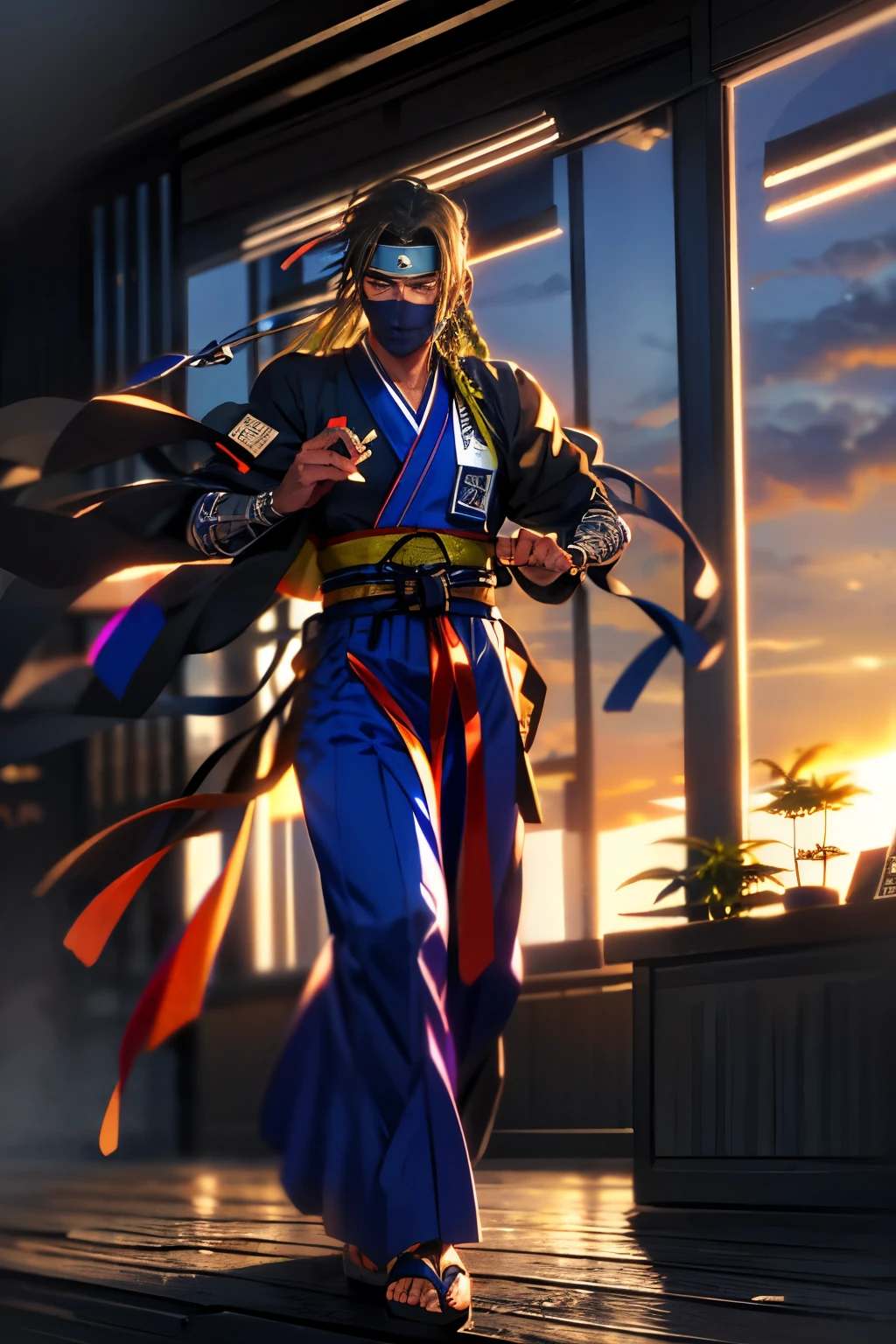 (handsome dark-skinned tall male Haitian Shinobi with long freeform locs) wearing ("tactical chunin vest" with kunai and shuriken bandolier)! and flowing colorful hakama, wearing "Hidden in the Mist Shinobi headband"!, wearing tall dark-wood geta, mindfully walking through dense cannabis sativa garden background during golden hour