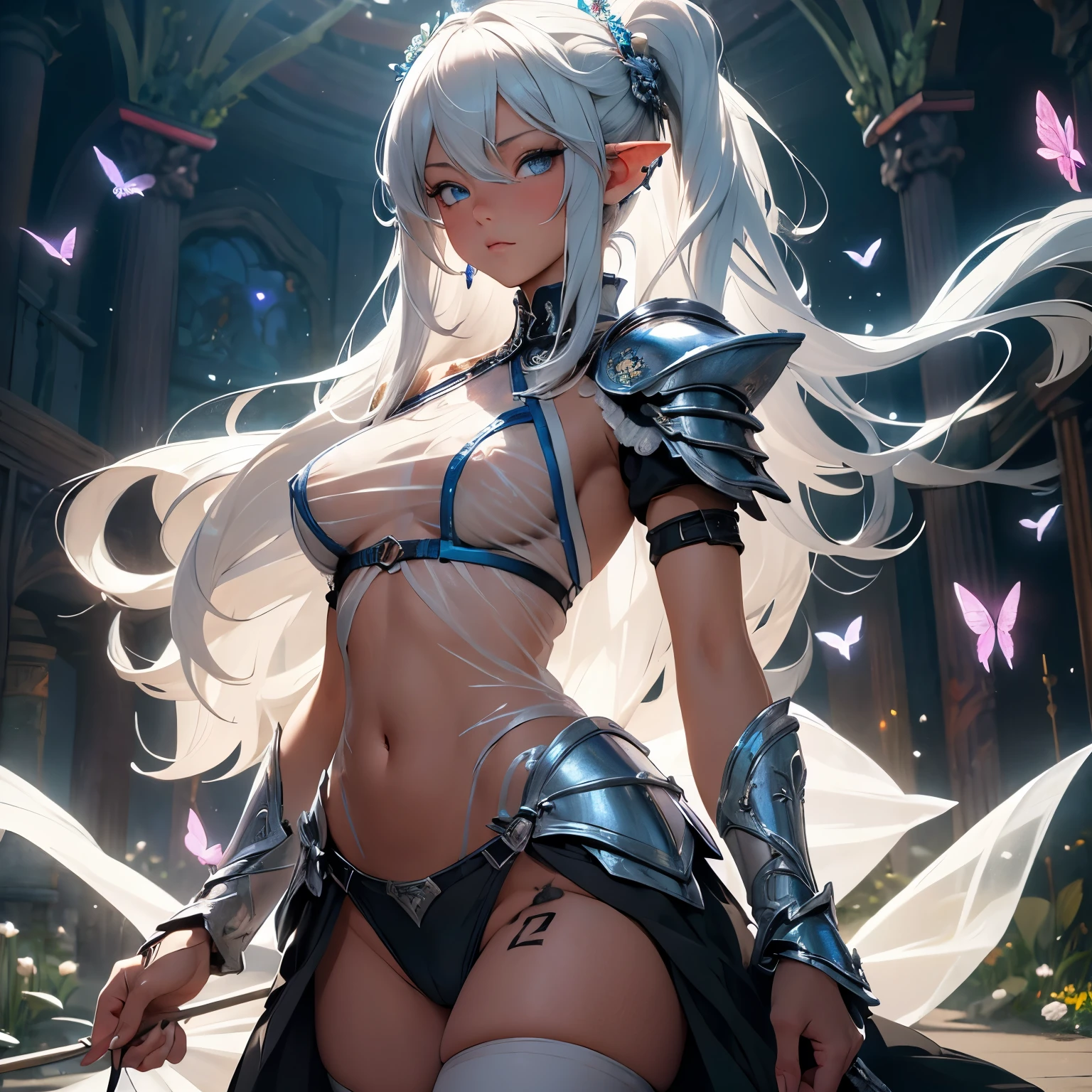 (quality)), ((masterpiece)), Recommended resultsluffly、(see through:1.5)、whole body 、Swollen nipples,straighten your back、huge bust、angle to floor:1.2、low camera angle、Hair loss on crotch、Whole body facing the camera,Hair can be seen on the crotch,Hatsune Miku, The most beautiful and sexy elf warrior princess, white hair, blue eyes, Wearing extremely detailed battle armor, Lots of tattoos and piercings, In the most beautiful Magic Kingdom, Flower pedals and butterflies flying in the wind, highly detailed back ground, 完美的masterpiece, 高quality, high resolution
