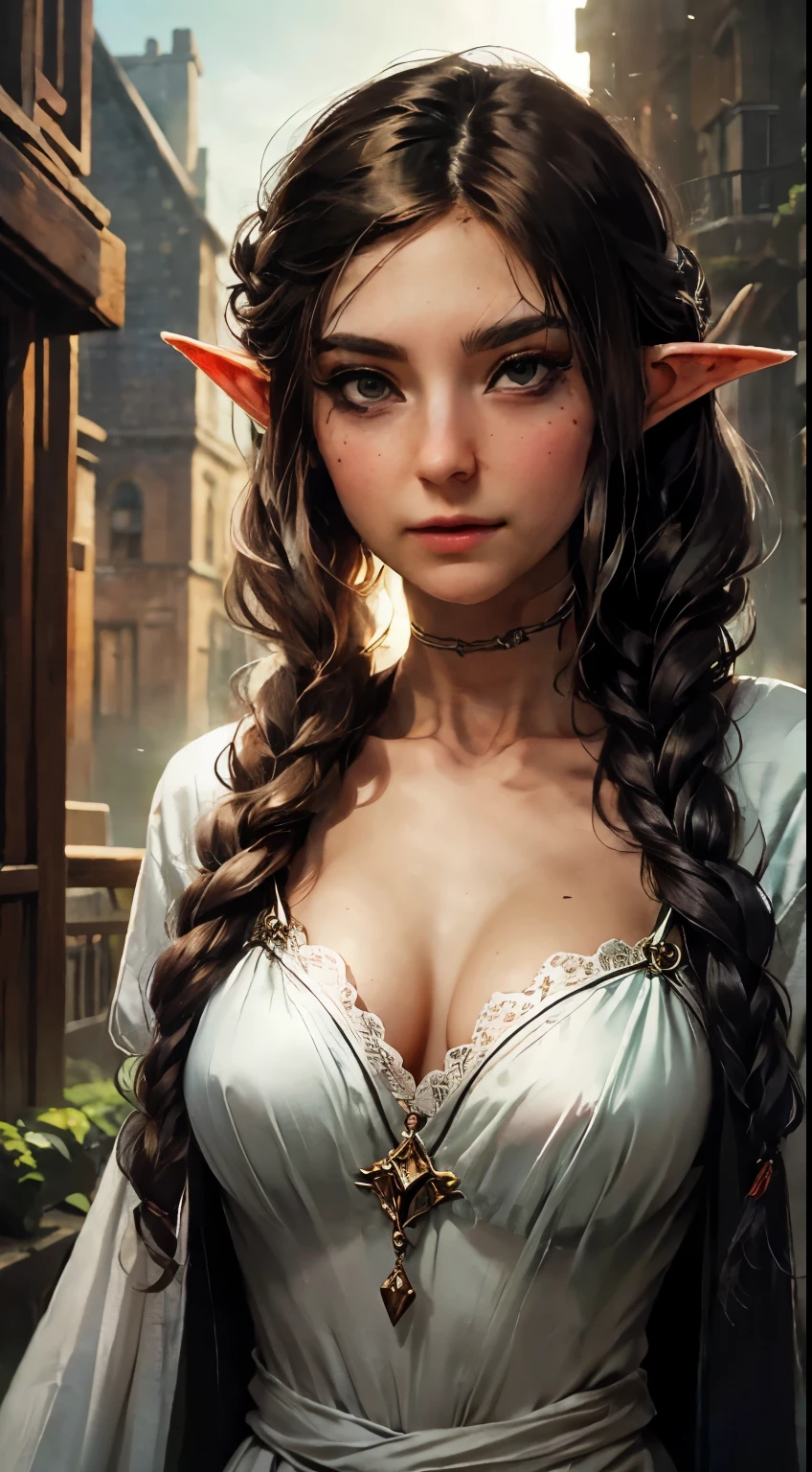 Female elf, long black hair, braided hair, brunette, round face, green and white clothes, in a fantasy town, fantasy character