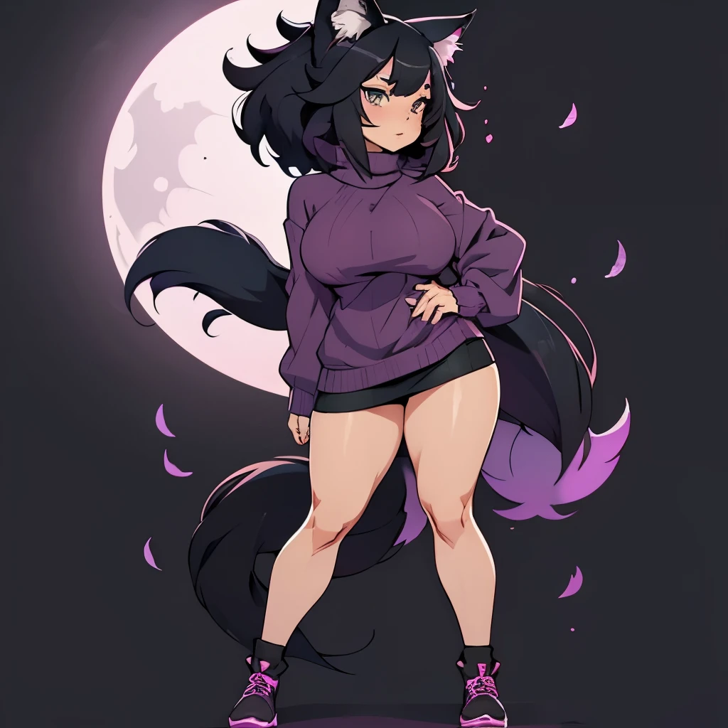 A short thick aisan girl, short floofy black hair, wearing a purplish pinkish sweater with a moon and starts on the sweater, fishnets, dark green eyes, beautiful, wolf ears and tail, full body, character sheet