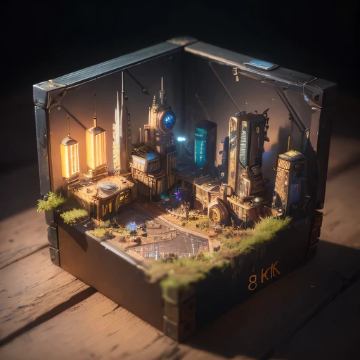 small realistic model, (8k, original photo, best quality, masterpiece:1.4),Steampunk Cyberpunk City,(Cyberpunk light:1.3),on the table,horizon (related to land),(in a small nature box:1.3),Isometric, small nature, landscape on foundation,landscape,