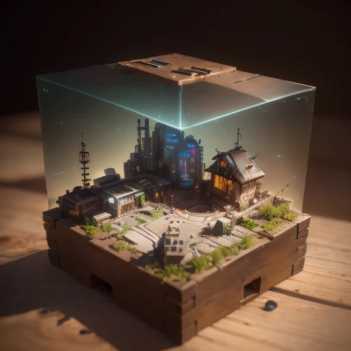 small realistic model, (8k, original photo, best quality, masterpiece:1.4),Steampunk Cyberpunk City,(Cyberpunk light:1.3),on the table,horizon (related to land),(in a small nature box:1.3),Isometric, small nature, landscape on foundation,landscape,