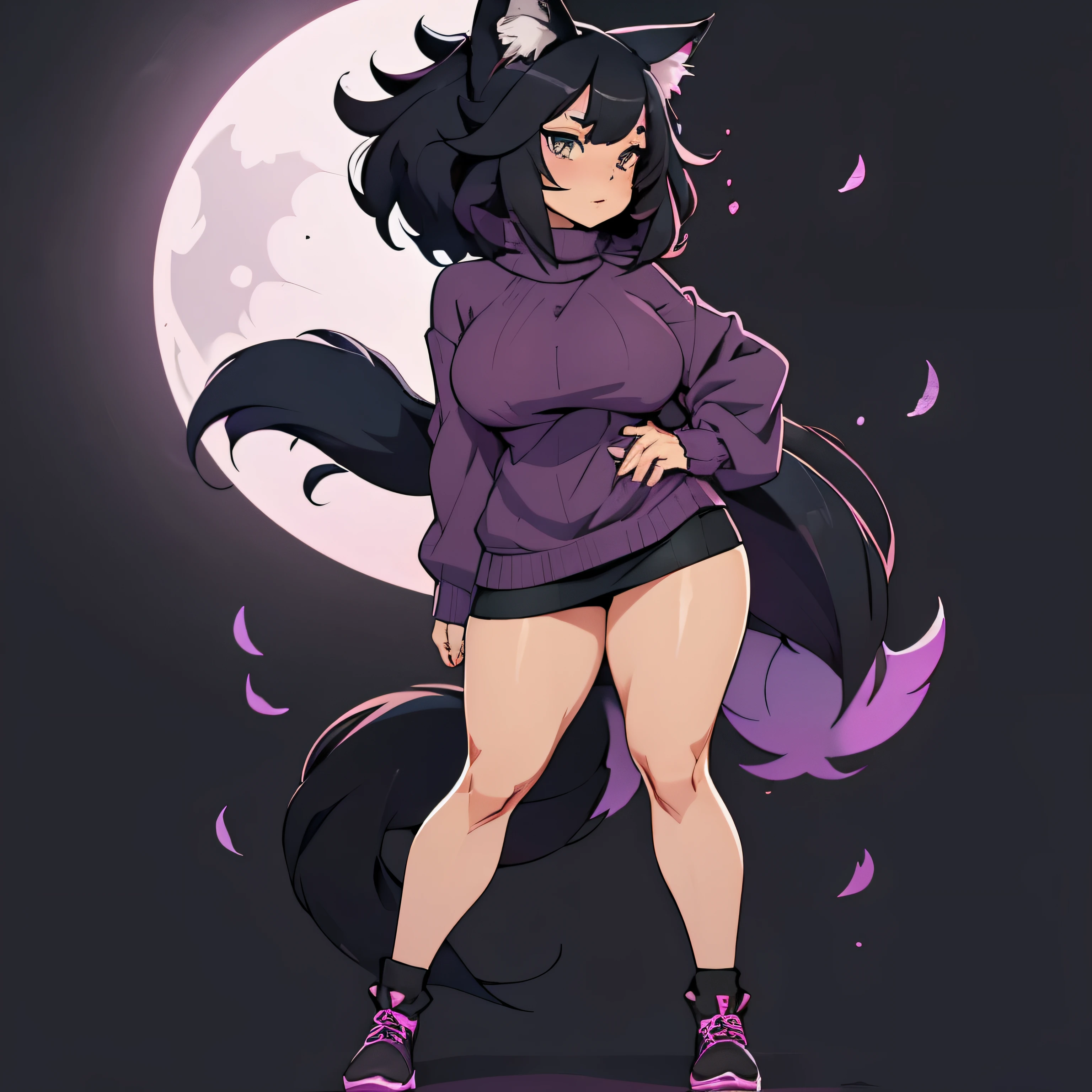 A short thick aisan girl, short floofy black hair, wearing a purplish pinkish sweater with a moon and starts on the sweater, fishnets, dark green eyes, beautiful, wolf ears and tail, full body, character sheet
