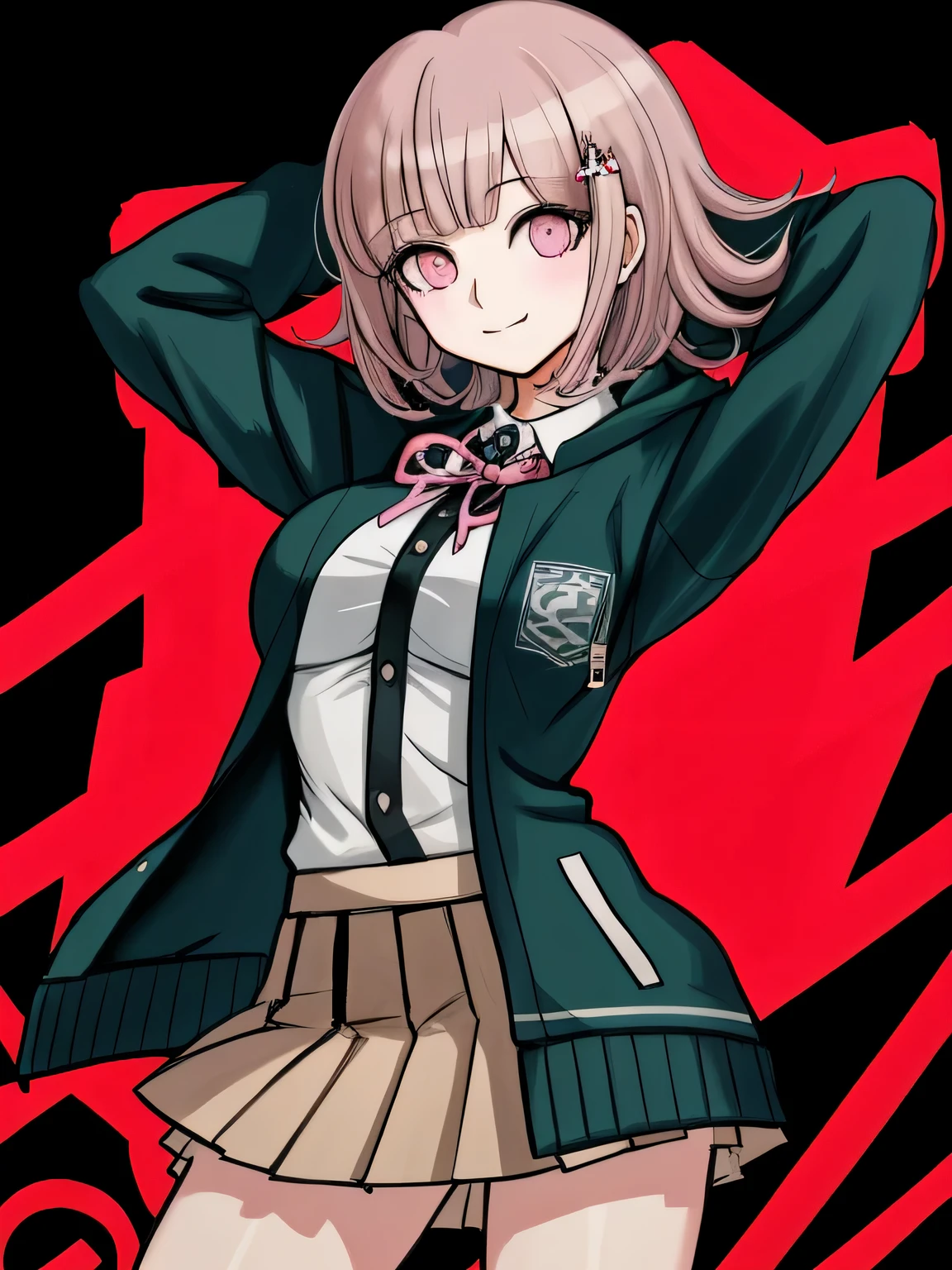 1girl, solo, hair ornament, shirt, jacket, ribbon, skirt, dress shirt, pink ribbon, open clothes, pleated skirt, white shirt, neck ribbon, collared shirt, hood, open jacket, looking at viewer, black jacket, long sleeves, shirt tucked in, brown skirt, hairclip, cowboy shot, two-tone shirt, hooded jacket, breasts, medium hair, closed mouth, solo, cowboy shot, night sky, forest, arms behind head, contrapposto, shy smile, spread armpits,