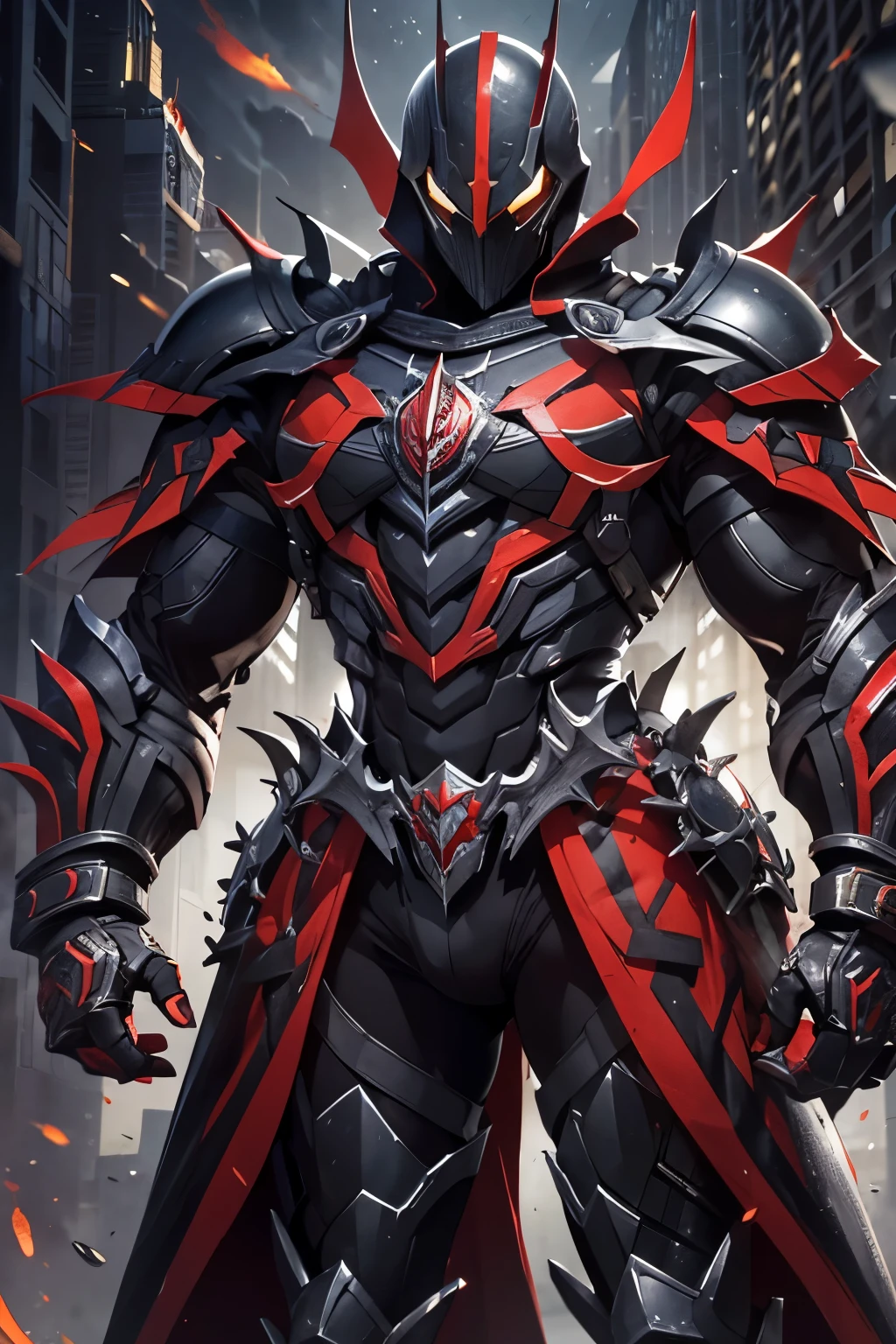 1 dark-skinned Haitian male kamen rider inspired by Spawn comics, two-tone black-and-red jewel encrusted armor, semi-mechanical with steam exhausts, partially armored, stagbeetle superhero, athletic build, heavy metal, mechanical marvel, guardian, dark anti hero, bloody pacifist, absurdres, high resolution, ultrasharp, 8k, masterpiece