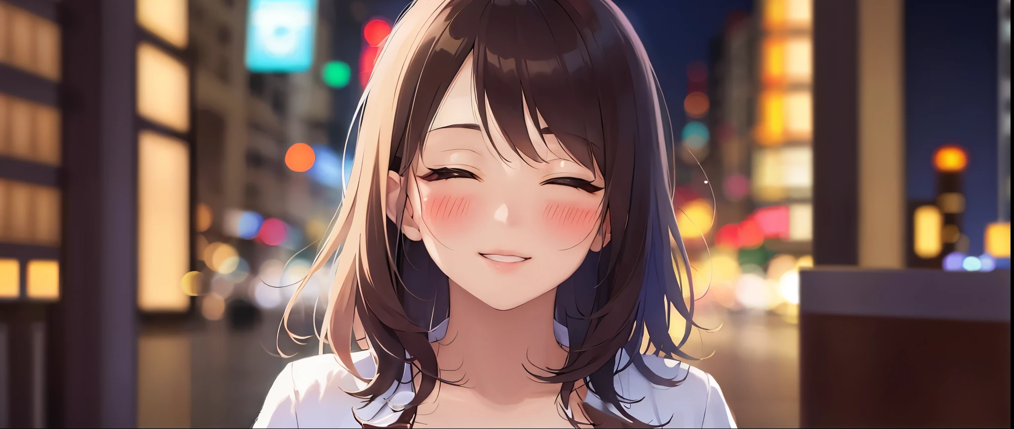The background is a blurred night city、building