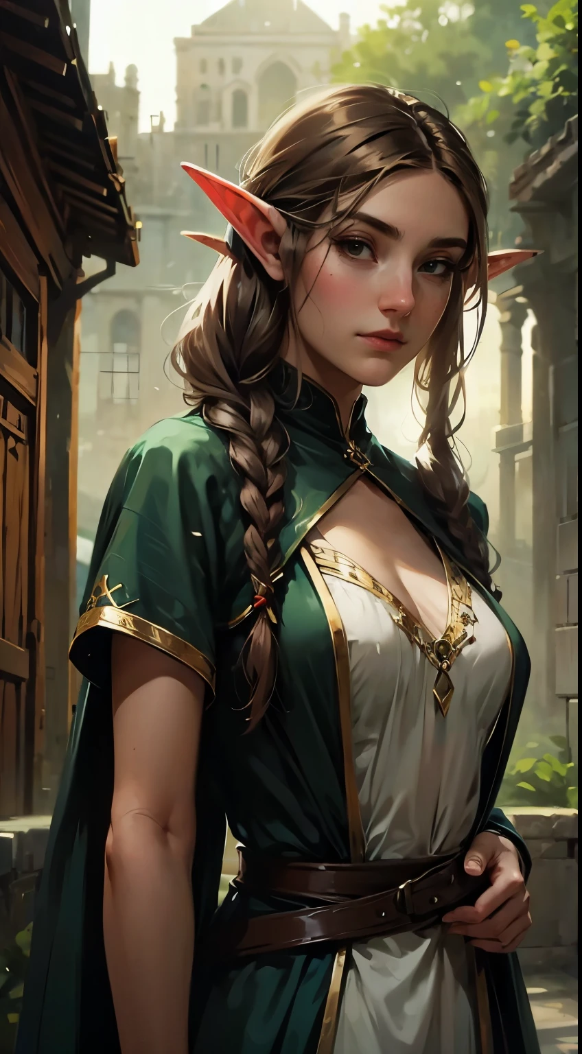 Female elf, long black hair, braided hair, brunette, round face, green and white clothes, in a fantasy town, fantasy character