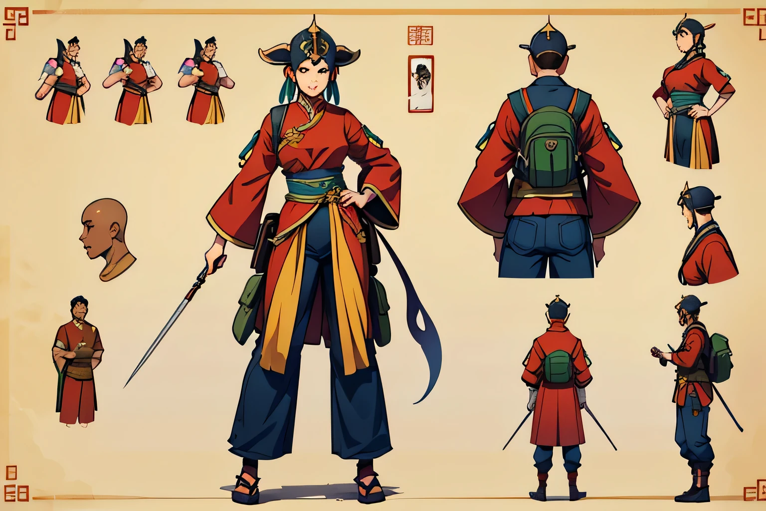 ((masterpiece)), (((best quality))), (character design sheet, The same character is full-body, front, side, Back), (character table:1.3),(same face:1.1),1 girl,Chinese traditional clothing,Dunhuang costumes,dragon element,,dynamic poses,medieval fantasy,Accessories,(large capacity backpack:1.1),spears,(dirty:1.2),helmet,armor,Pants,young woman,Dunhuang mural background
