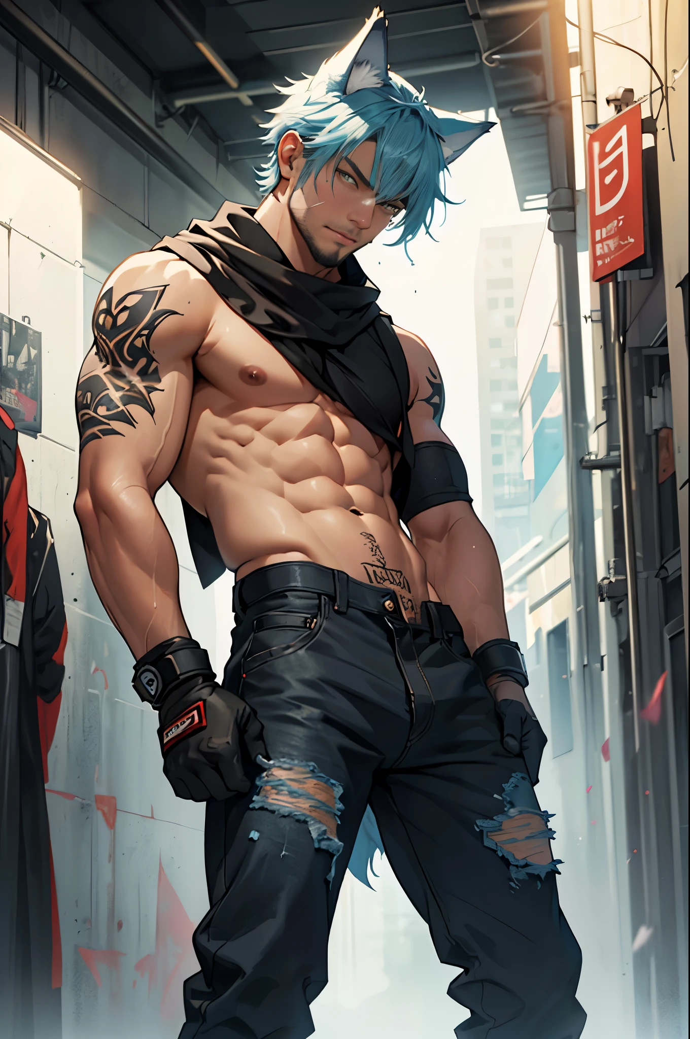((big v-line, cum gutters, iliac furrows,)) skateboarder punk military boy ((wearing big boots)), ((viewed close to stomach)), viewed from below, glitter, sparkle, spacey, highly detailed face, showing off, leaning back, flexing bicep, sweating, masculine with short beard, body hair, finely detailed face, ((dark tanned skin)), bulge, black clothes, short light blue hair, ((has wolf ears)), ((has wolf tail)), sparkly dramatic lighting, v-rays, glass environment, wearing ripped pants that sit low on his hips, ((he is solo, he is alone)), has ((bright blue shining tattoos)), wearing bandana and leather wrist bands, wearing fingerless gloves, muscular thighs, shirtless