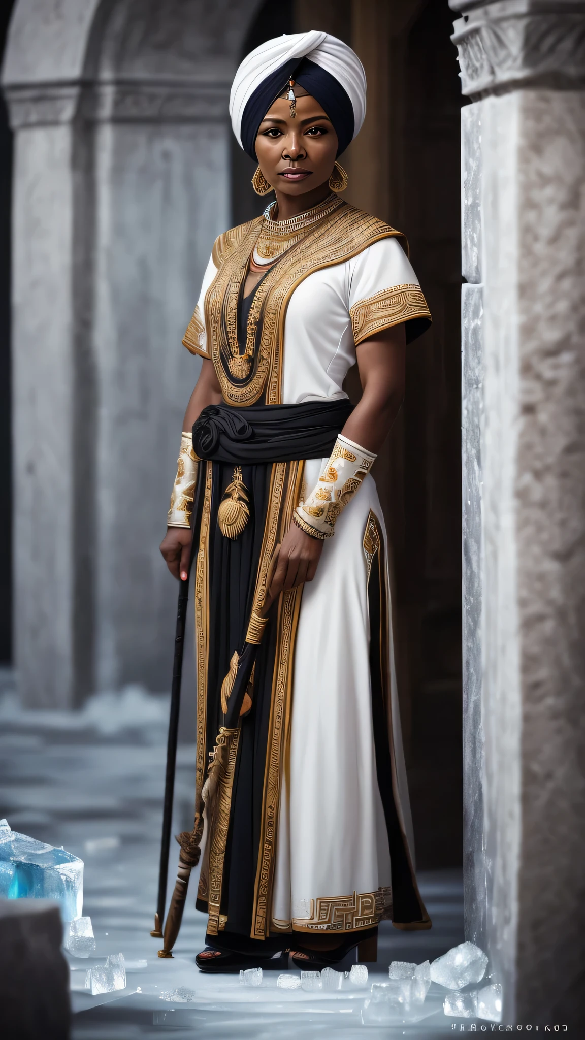 landscape in the background of war going on, a girl with BLACK skin and straight white hair, with black wings and gray eyes, with a torn skirt, white shirt with blood and a sword in her hand, ancient Greece, daughter of hades.