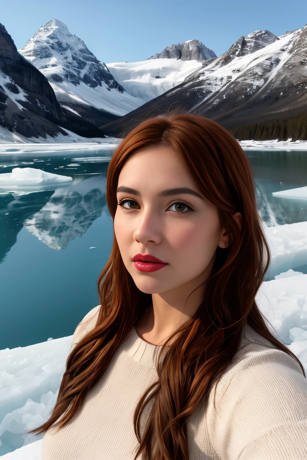HDR, 8K resolution, intricate detail, sophisticated detail, photorealistic, sharp focus, Lovable, Wizard, Artist, Average Height, Slim, Triangular Face, Tan Skin, Auburn Hair, amber Eyes, Wide Nose, Thick Lips, Receding Chin, Long Hair, Thick Hair, Wavy Layered Bob, saggy breasts, , orange cream lipstick, A frozen tundra, with icy peaks and frozen lakes stretching as far as the eye can see, 
