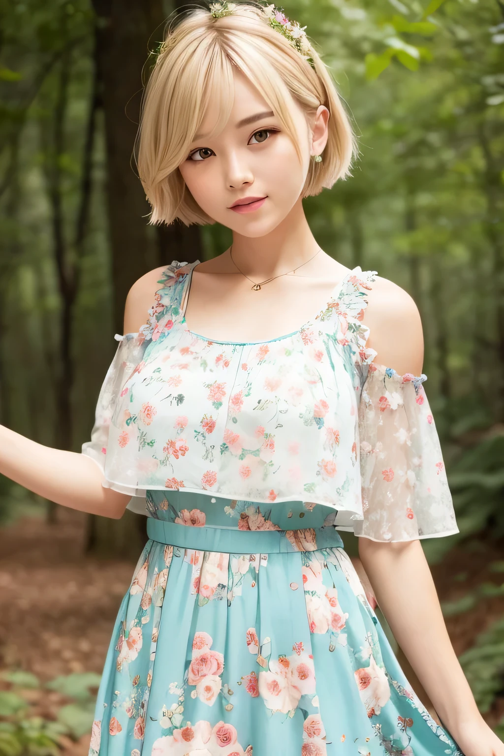 Blonde Hair、Short Mash Hair、Turquoise Eyes、(masterpiece、Highest品質、Highest品質、Official Art、Beautiful and beautiful:1.2)、(One Girl:1.3)、Flat Chest((masterpiece)), ((Highest品質)), (Professional photography:1.2), Cumulonimbus, Summer day, Okinawa, Tropical countries, Asian, (pretty girl), Grin, Thin camisole, (Highest_detailed:1.3), Jerry Pinkney, Quentin Blake, Blooming hibiscus, Botanical pattern, Put your hands behind your head、Show your side