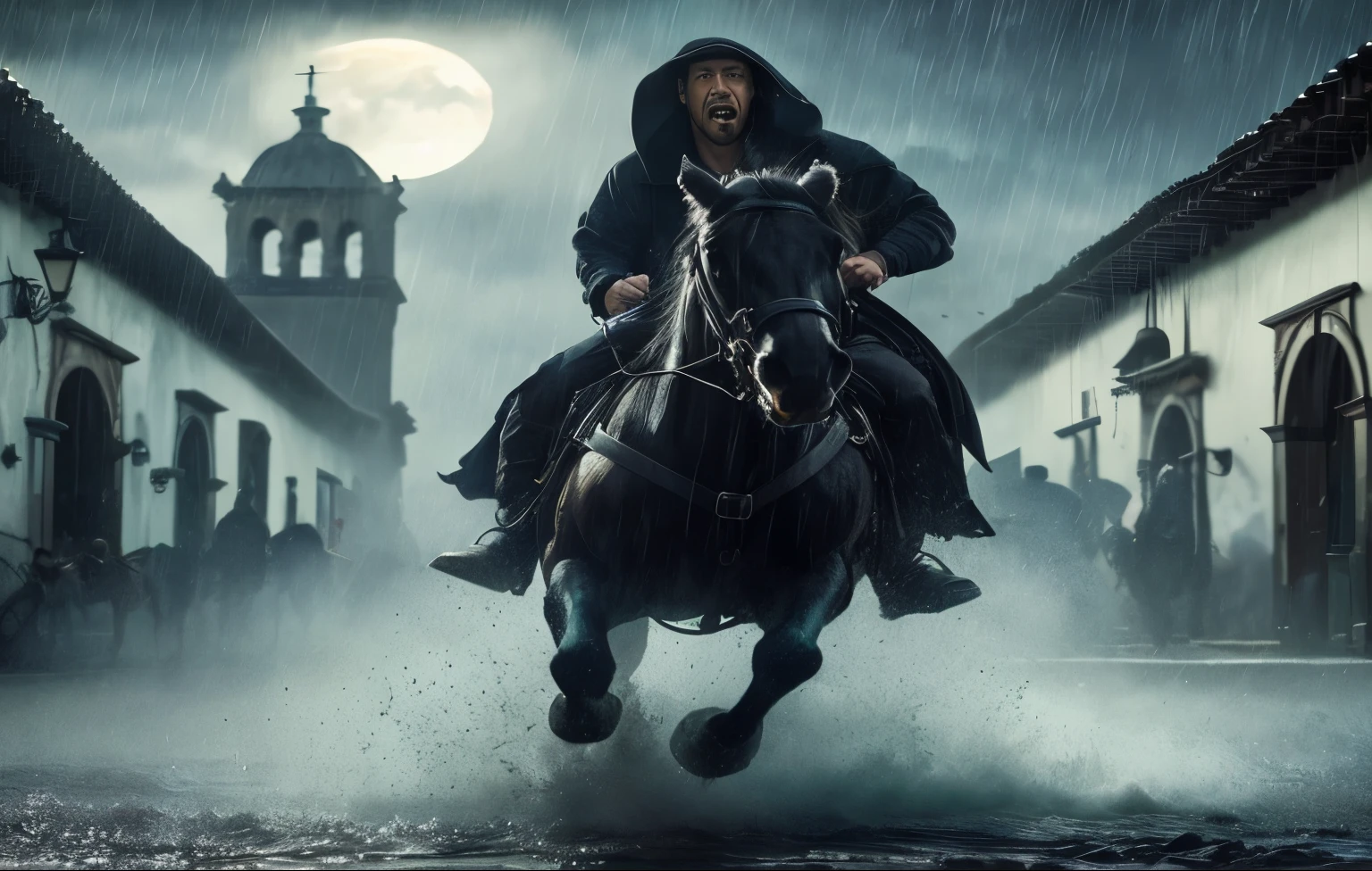 hay un hombre montando a caballo bajo la lluvia en una calle, dramatic cinematic action shot., dramatic film composition, Cabalgando en la ciudad de Doom, cinematic photograph concept art, realistic fantasy photography., montando un caballo negro, Jinetes del Apocalipsis, El tercer jinete, dramatic cinematic shot, Dramatic action photography, Epic action scene, cinematic wallpaper 4k, photo manipulation, la cara del hombre es de un hombre guapo y blanco y de ojos azules