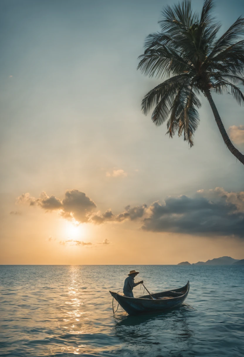 A small boat, a tanned old fisherman, a straw hat, the midsummer sun, the tropics, alone, the blue ocean, the best picture quality.