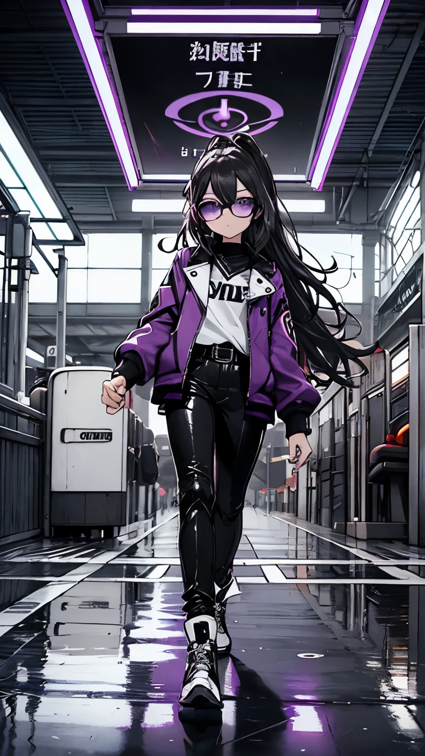 short teenager, black pants, white skin, with dark glasses, semi-long hair half up black and half down white, black leather jacket with purple highlights, train station background with colorful neo signs that are reflected in the teenager