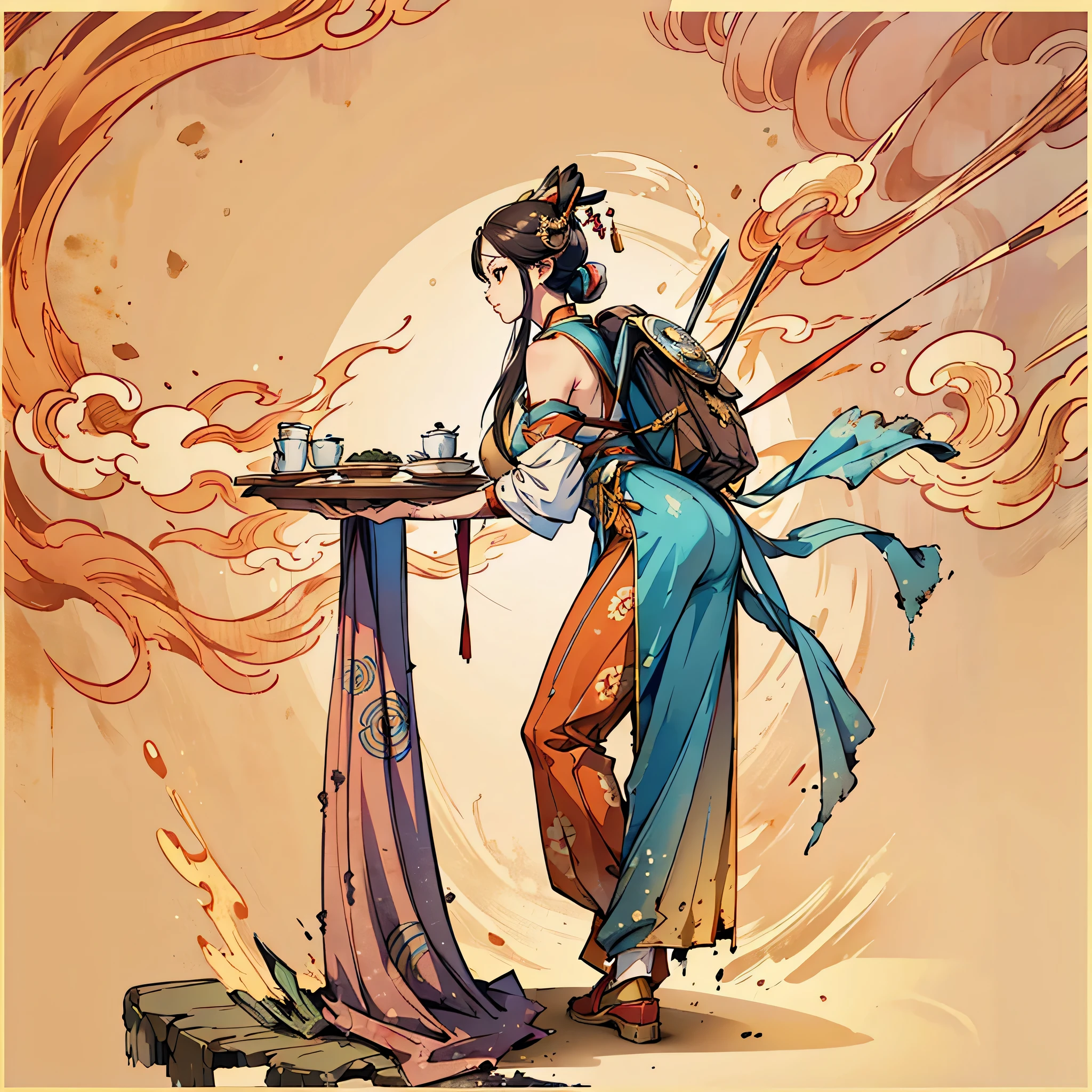 ((masterpiece)), (((best quality))), (character design sheet, The same character is full-body, front, side, Back), (character table:1.3),(same face:1.1),1 girl,Chinese traditional clothing,Dunhuang costumes,dragon element,,dynamic poses,medieval fantasy,Accessories,(large capacity backpack:1.1),spears,(dirty:1.2),helmet,armor,Pants,young woman,Dunhuang mural background