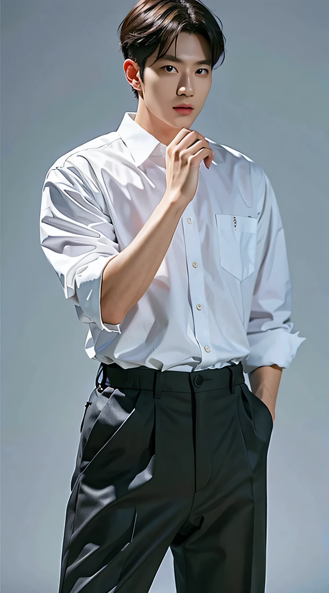 front立ちポーズ, Frontal Face, HD, 8K, front, korean man、short hair, white shirt、flat lighting,
