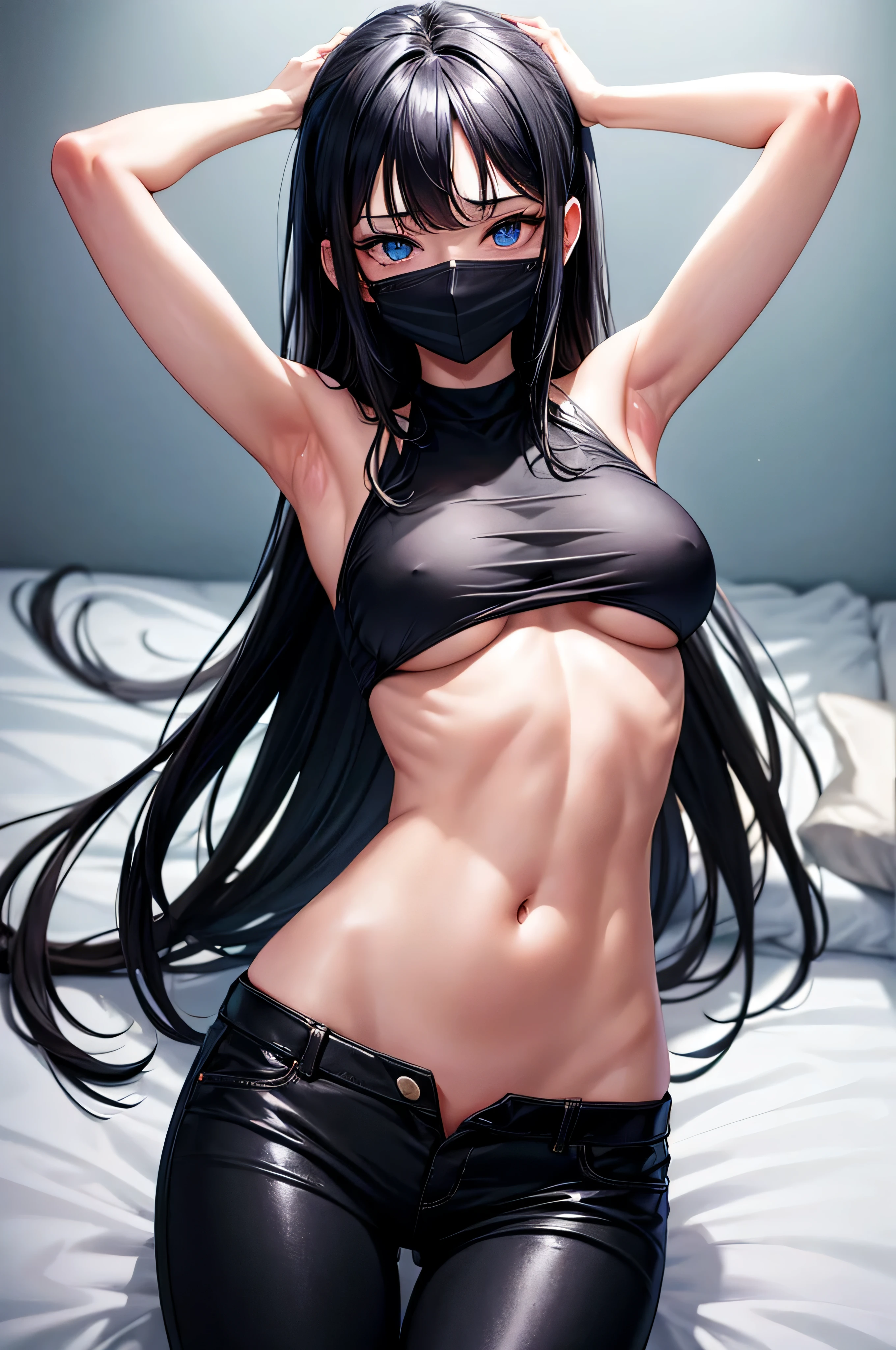 masterpiece,extremely detailed,1girl,solo,(saori \(blue archive\):1.15),(mouth mask),(sprawled on bed:1.1),detailed sparkling eyes looking at camera,bedazzling eyes watching you,sexy stretch,detailed close up on abdomen,(visible hip bones),bare stomach gleaming with sweat,(zoom in on navel),exposed hips,(long midriff:1.2),extremely detailed midriff,sexy tummy,bare stomach,hands overhead,arms raised all the way up,exposed hip bones,beautiful blue eyes watching you in disappointment,(black pants pulled down below waist:1.2),black crop top,armpit,long hair,black hair,black baseball cap,halo,underboob,white background,cinematic glitter,high res,4K,high quality,trending on pixiv
