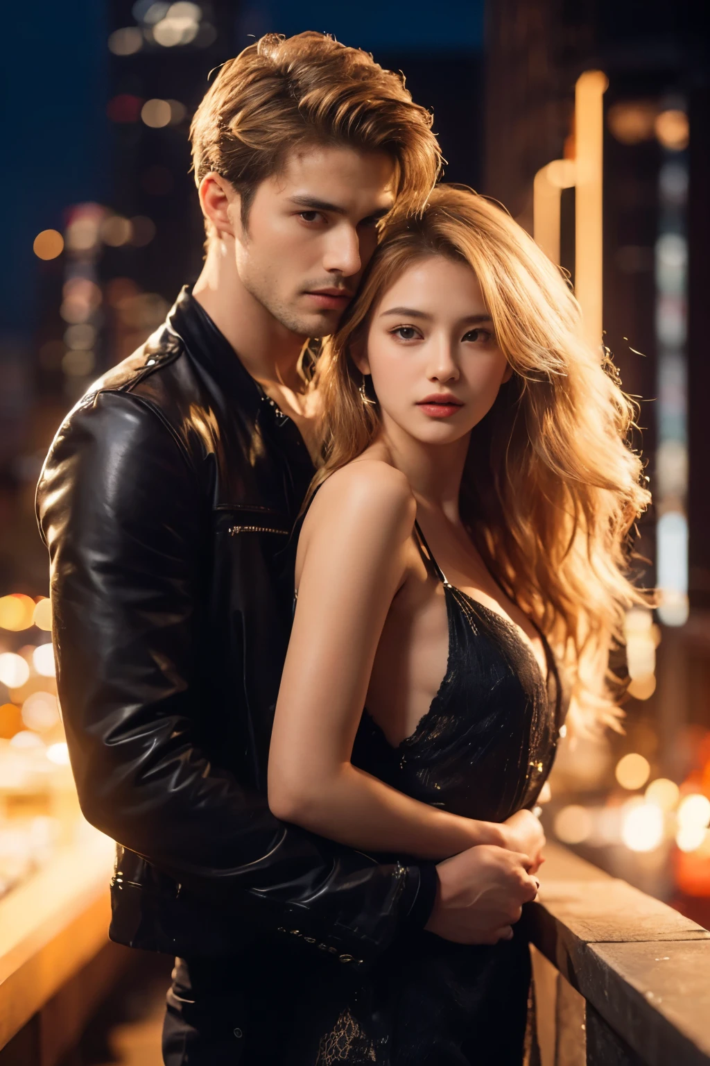 A man and girl,primitive, Masterpiece, ultra fine photos, Best quality, Ultra-high resolution, Realistic, Sunny, full-body portraits, Amazing man, Dynamic posture, exquisite face, Vibrant eyes, Very detailed background, Detailed face, detailed tidy background, Gorgeous, High detail skin, Realistic skin details, Visible pores, Clear focus, volume fog, 8K UHD, Digital SLR, High quality, filmgrain, Fair skin, Realism,(((Handsome man and beautiful girl:1.4)))