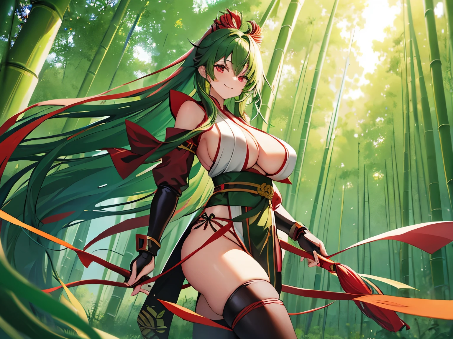 green hair　red eye　very long hair　Beauty　Two dimensions　very big breasts　thighs　sexy costume　high resolution　smile　Kunoichi　female ninja　Wind Effects　bamboo forest　japanese landscape